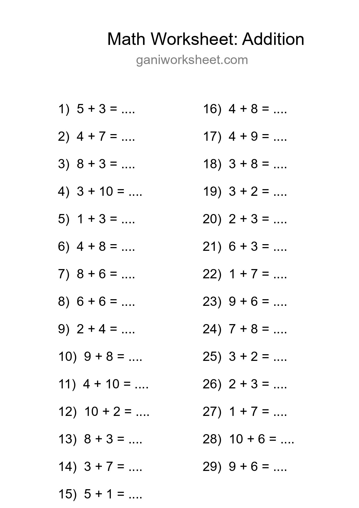 Grade 1 Addition Practice Worksheet (29 Problems) - Part 1261
