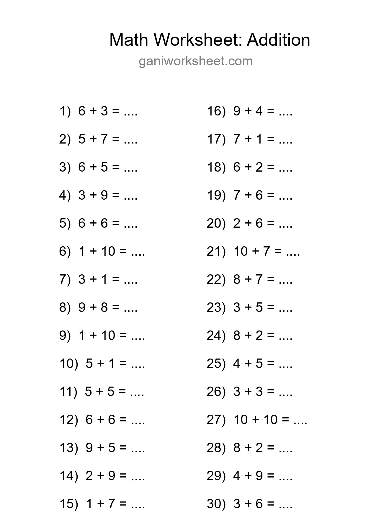 Grade 1 Addition Practice Worksheet (30 Problems) - Part 1941