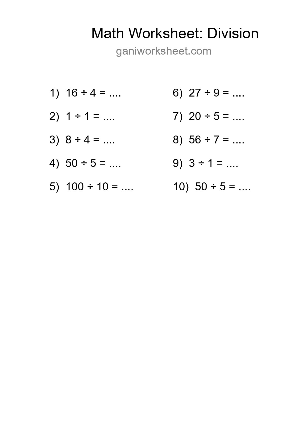 Grade 1 Division Practice Worksheet (10 Problems) - Part 1714