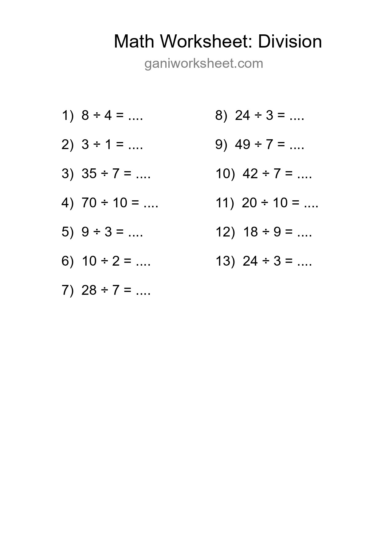 Grade 1 Division Practice Worksheet (13 Problems) - Part 1384