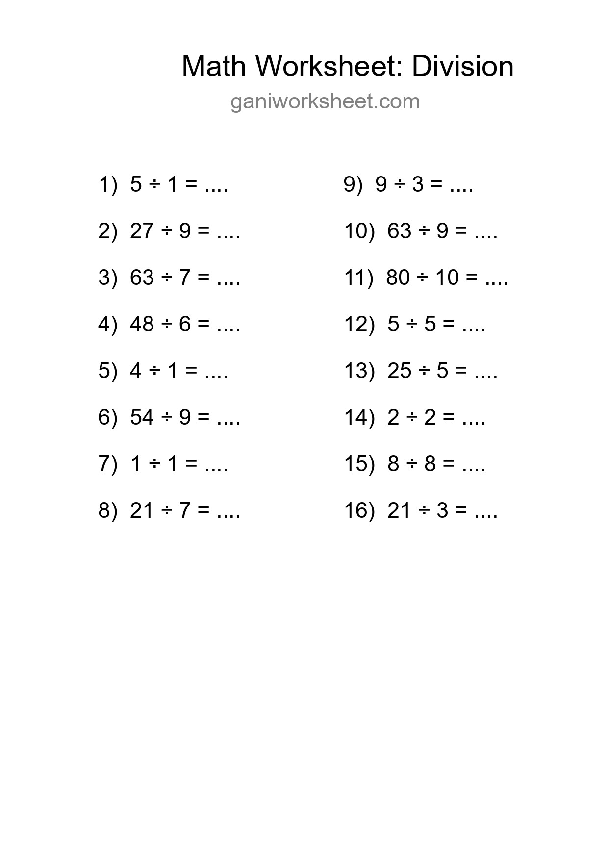 Grade 1 Division Practice Worksheet (16 Problems) - Part 454