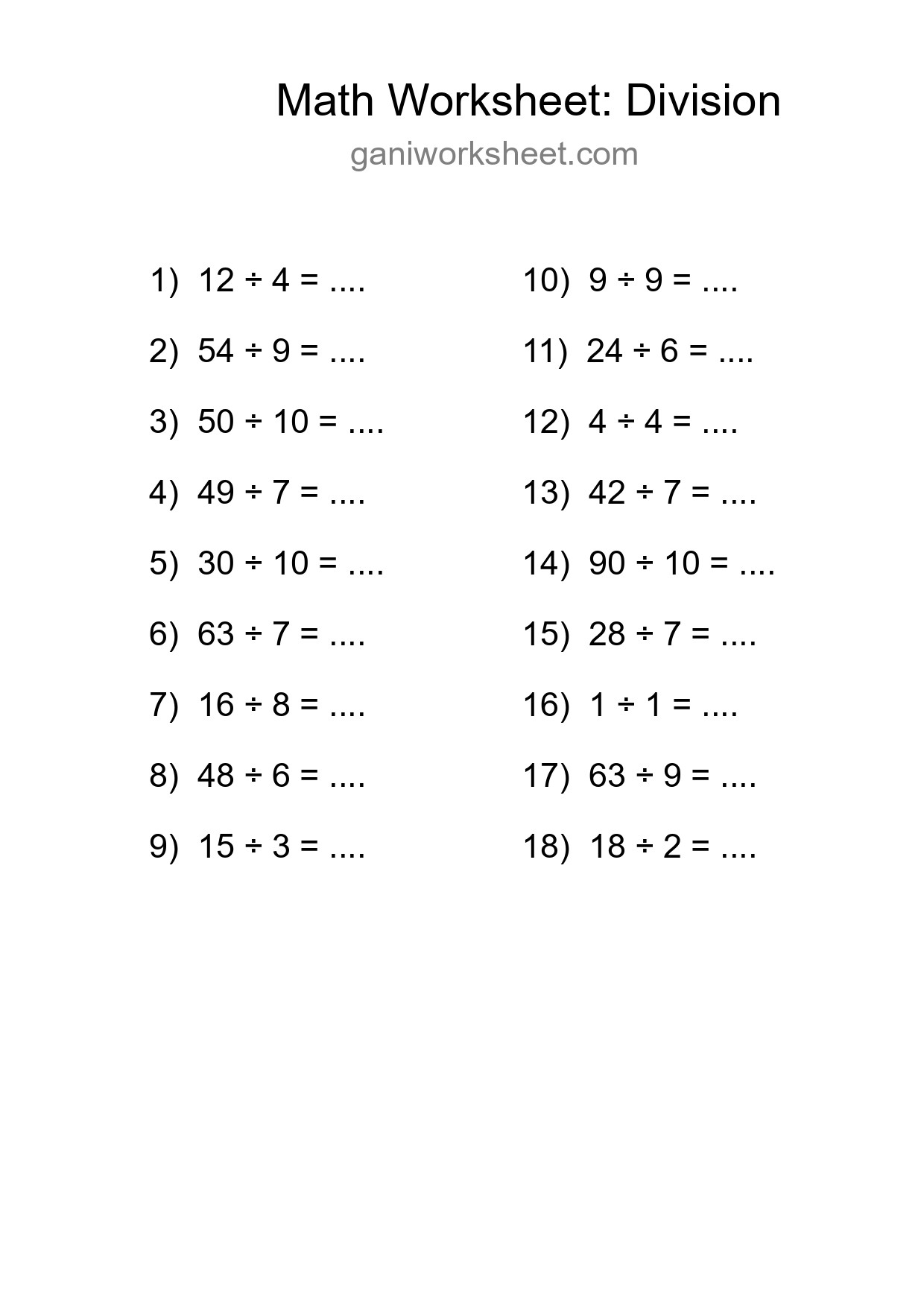 Grade 1 Division Practice Worksheet (18 Problems) - Part 1404