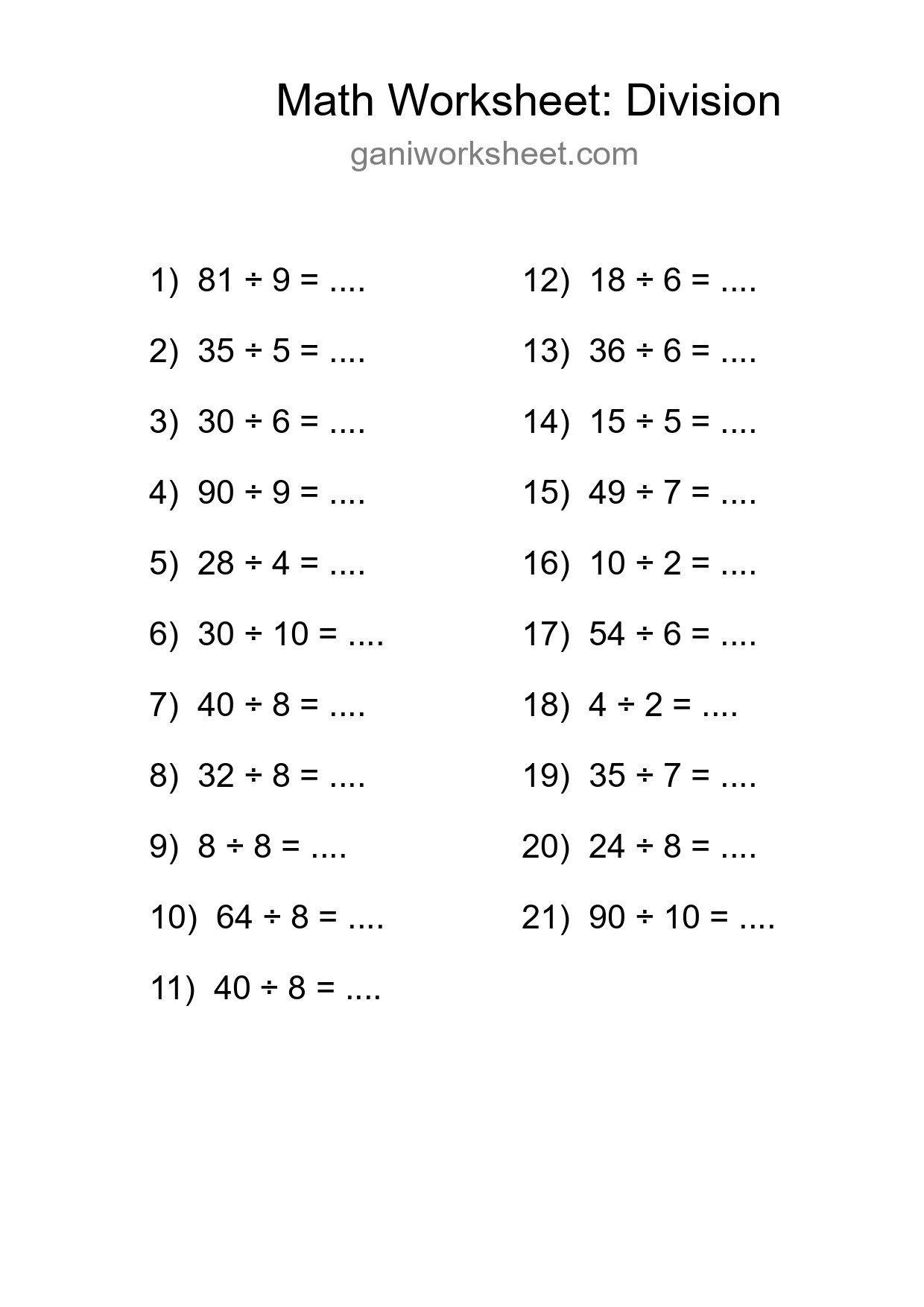 Grade 1 Division Practice Worksheet (21 Problems) - Part 1464