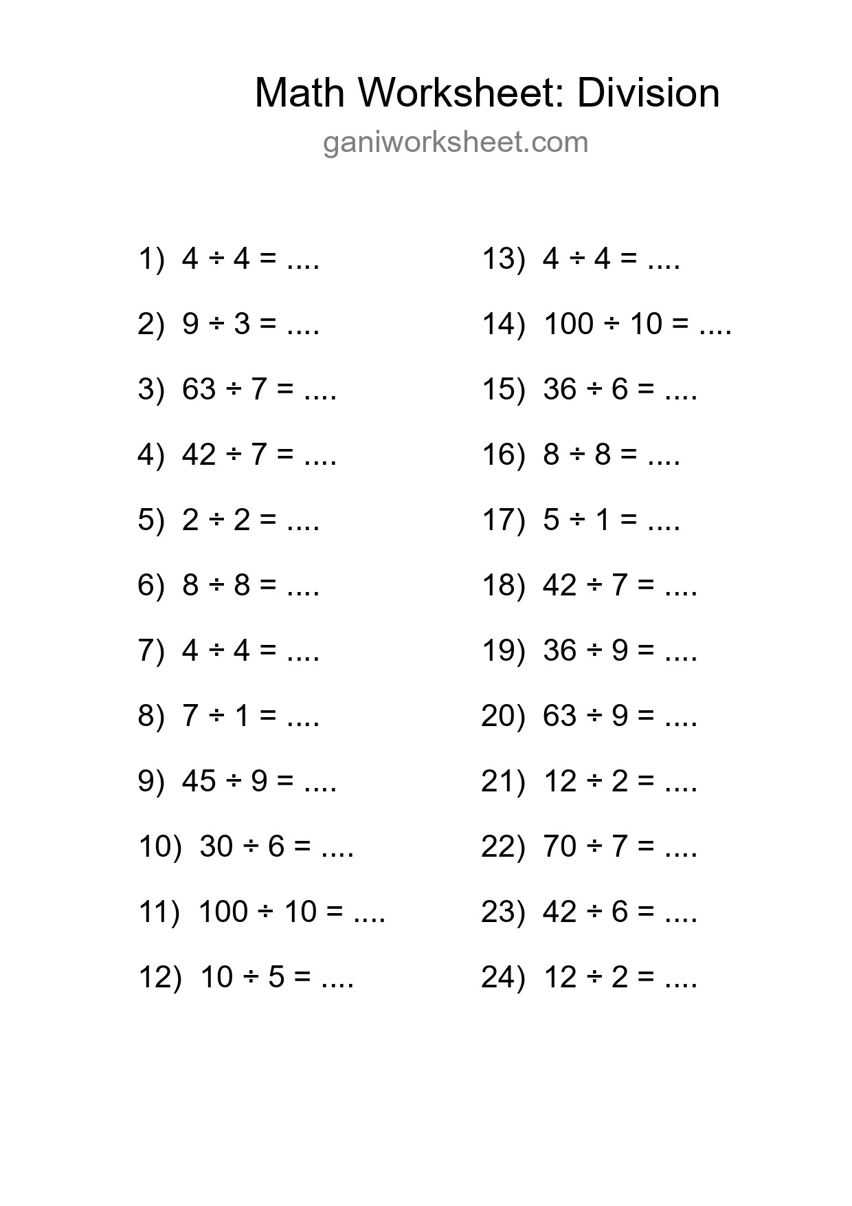 Grade 1 Division Practice Worksheet (24 Problems) - Part 904
