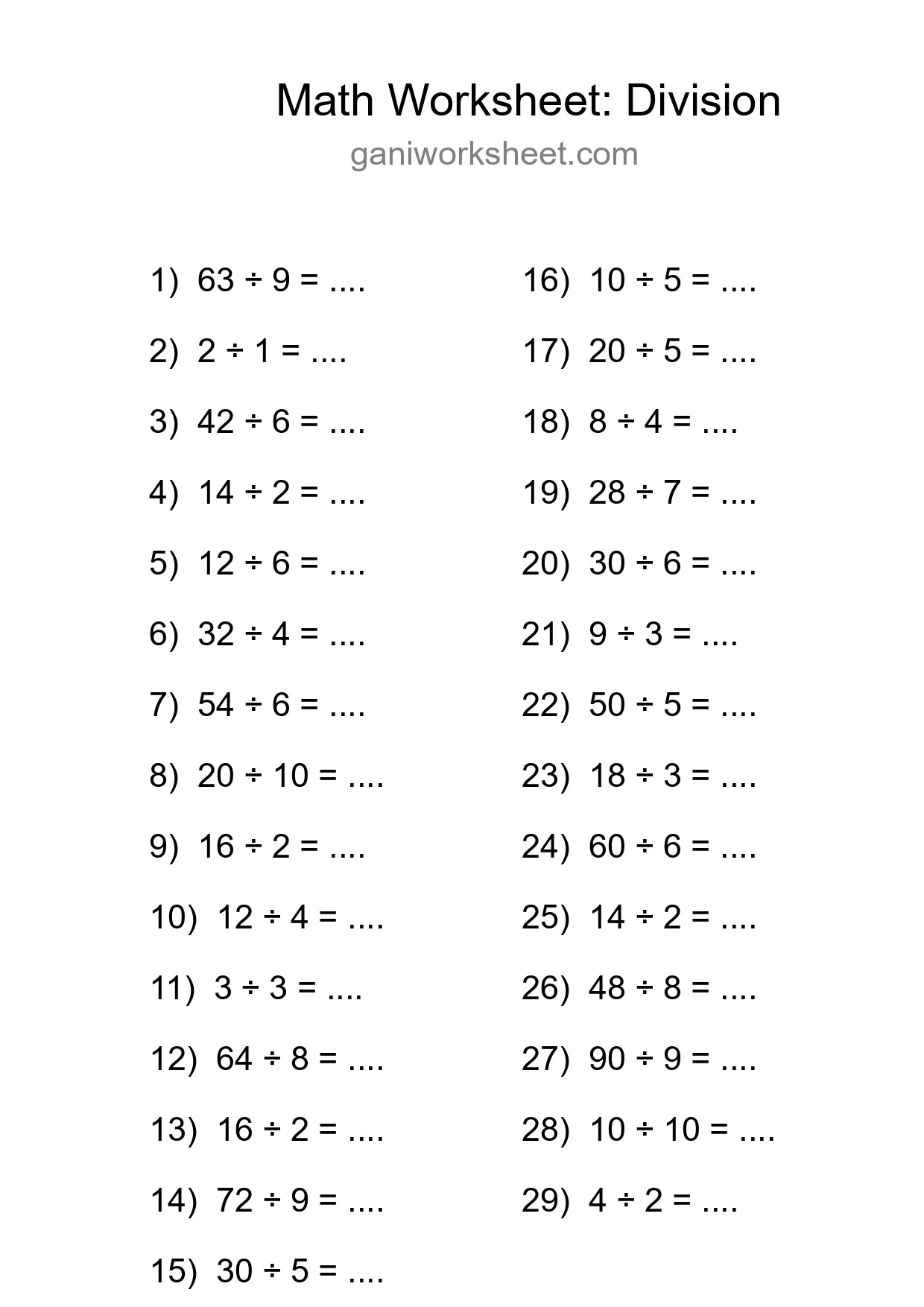 Grade 1 Division Practice Worksheet (29 Problems) - Part 874