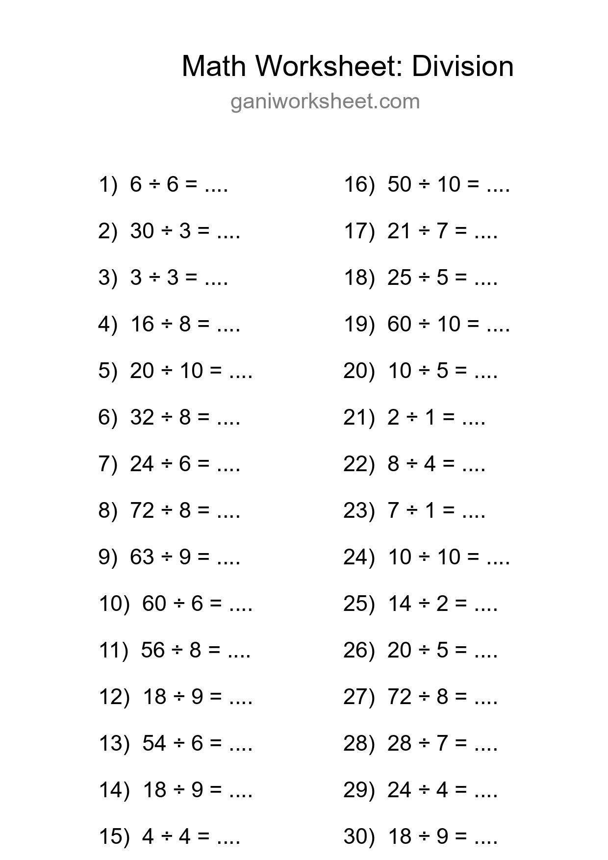 Grade 1 Division Practice Worksheet (30 Problems) - Part 124