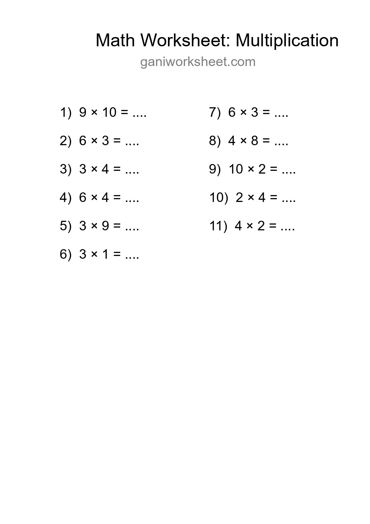 Grade 1 Multiplication Practice Worksheet (11 Problems) - Part 467