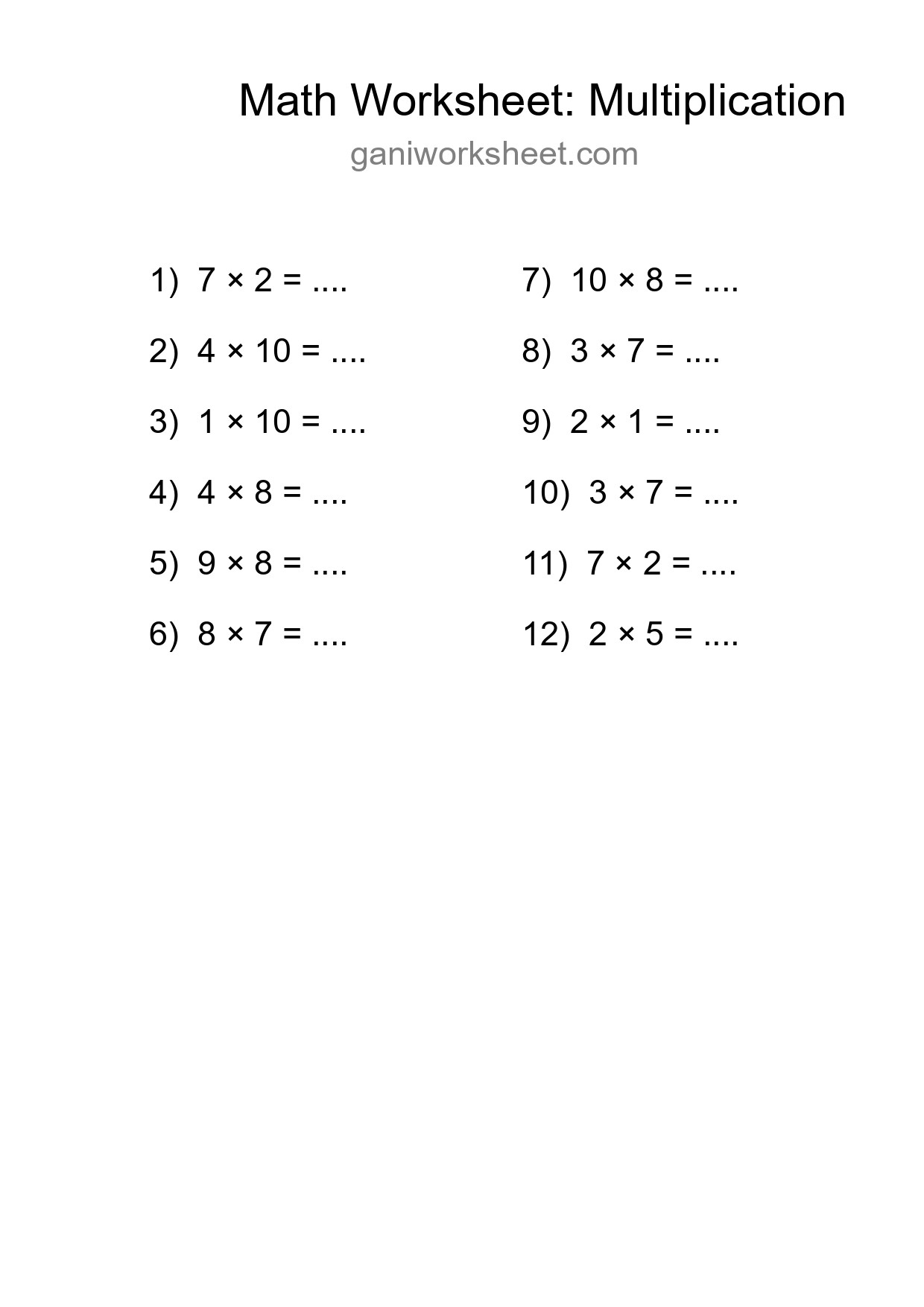 Grade 1 Multiplication Practice Worksheet (12 Problems) - Part 1957