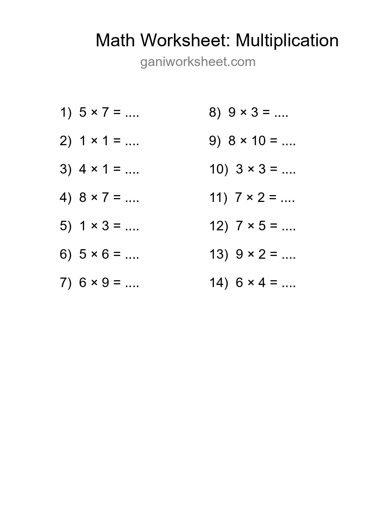 Grade 1 Multiplication Practice Worksheet (14 Problems) - Part 1517