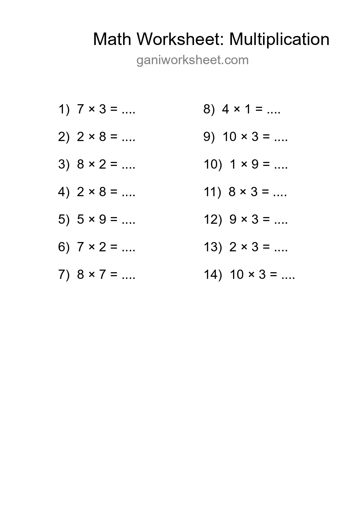 Grade 1 Multiplication Practice Worksheet (14 Problems) - Part 337