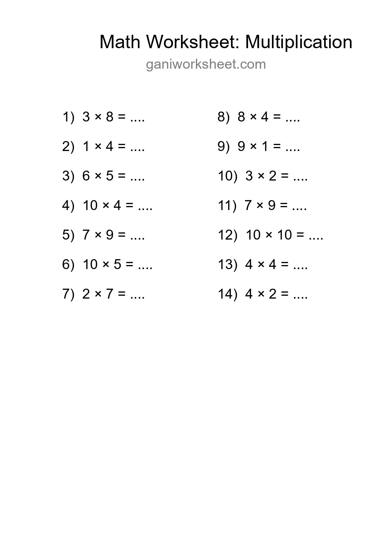 Grade 1 Multiplication Practice Worksheet (14 Problems) - Part 87