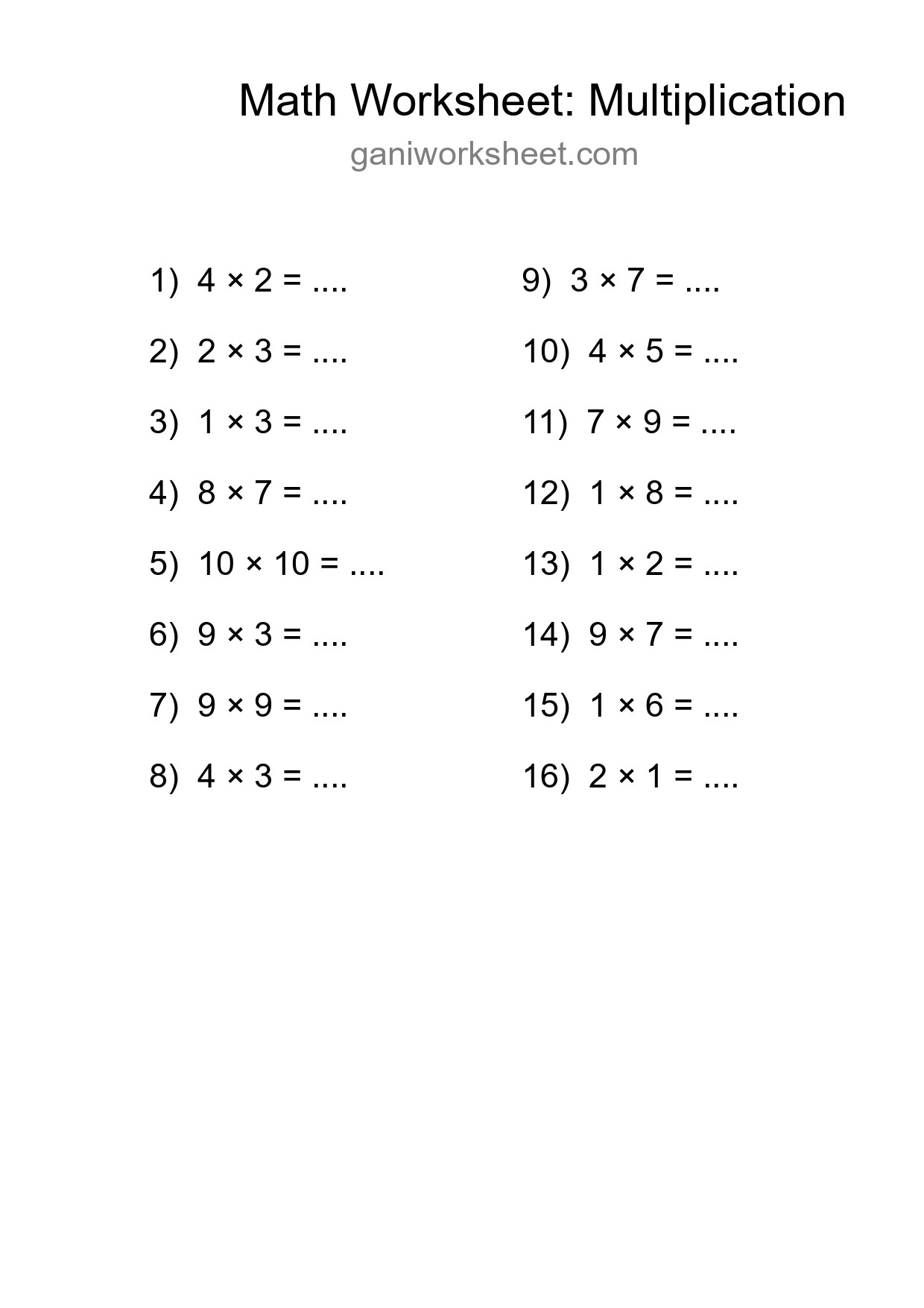 Grade 1 Multiplication Practice Worksheet (16 Problems) - Part 1147