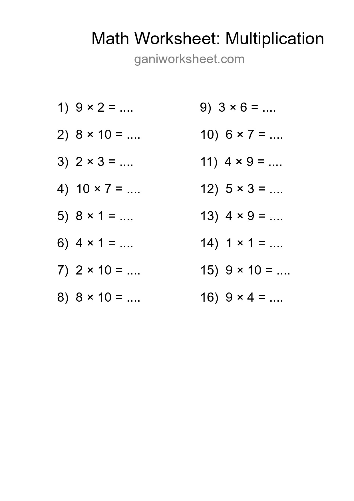 Grade 1 Multiplication Practice Worksheet (16 Problems) - Part 867