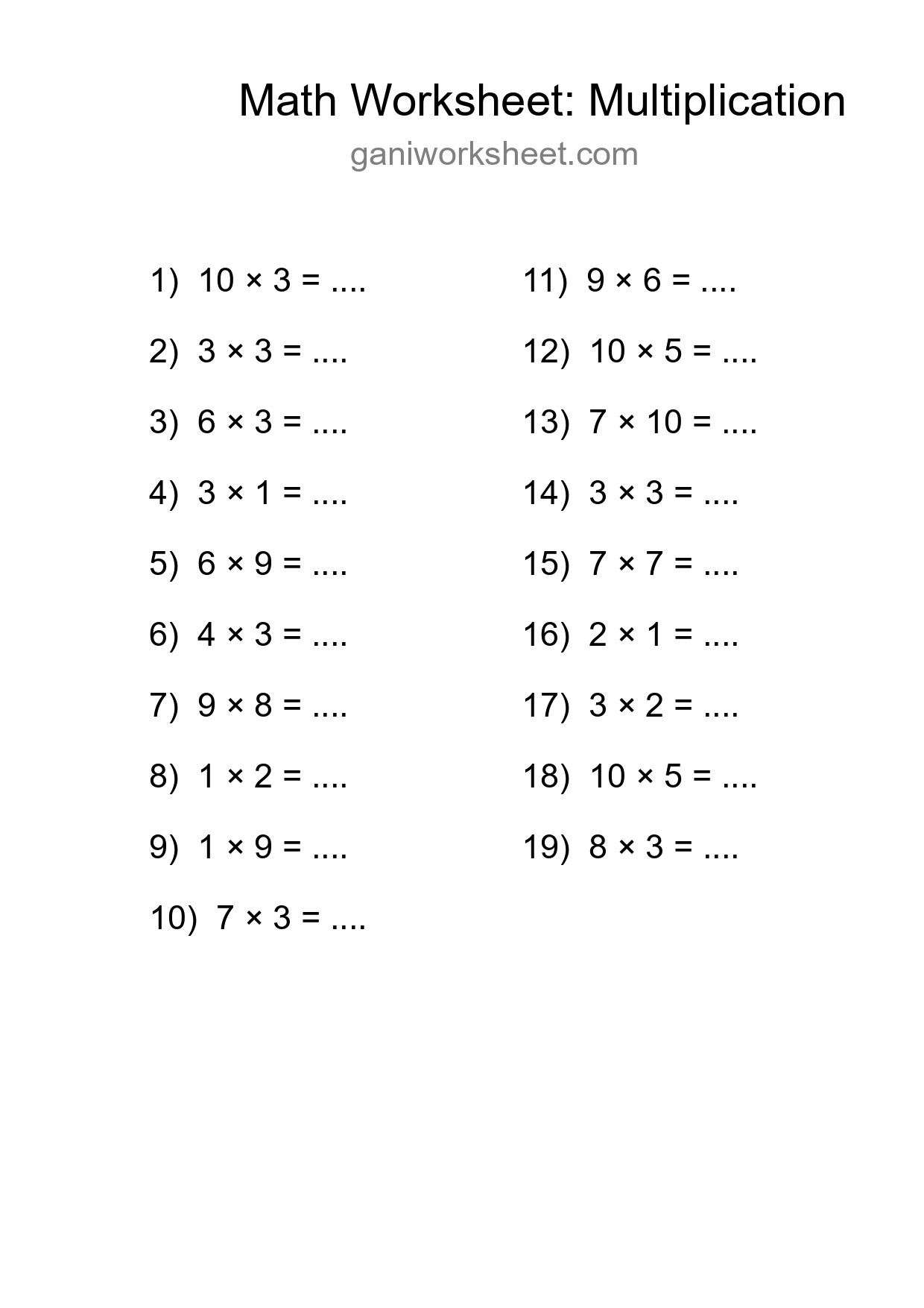 Grade 1 Multiplication Practice Worksheet (19 Problems) - Part 1647