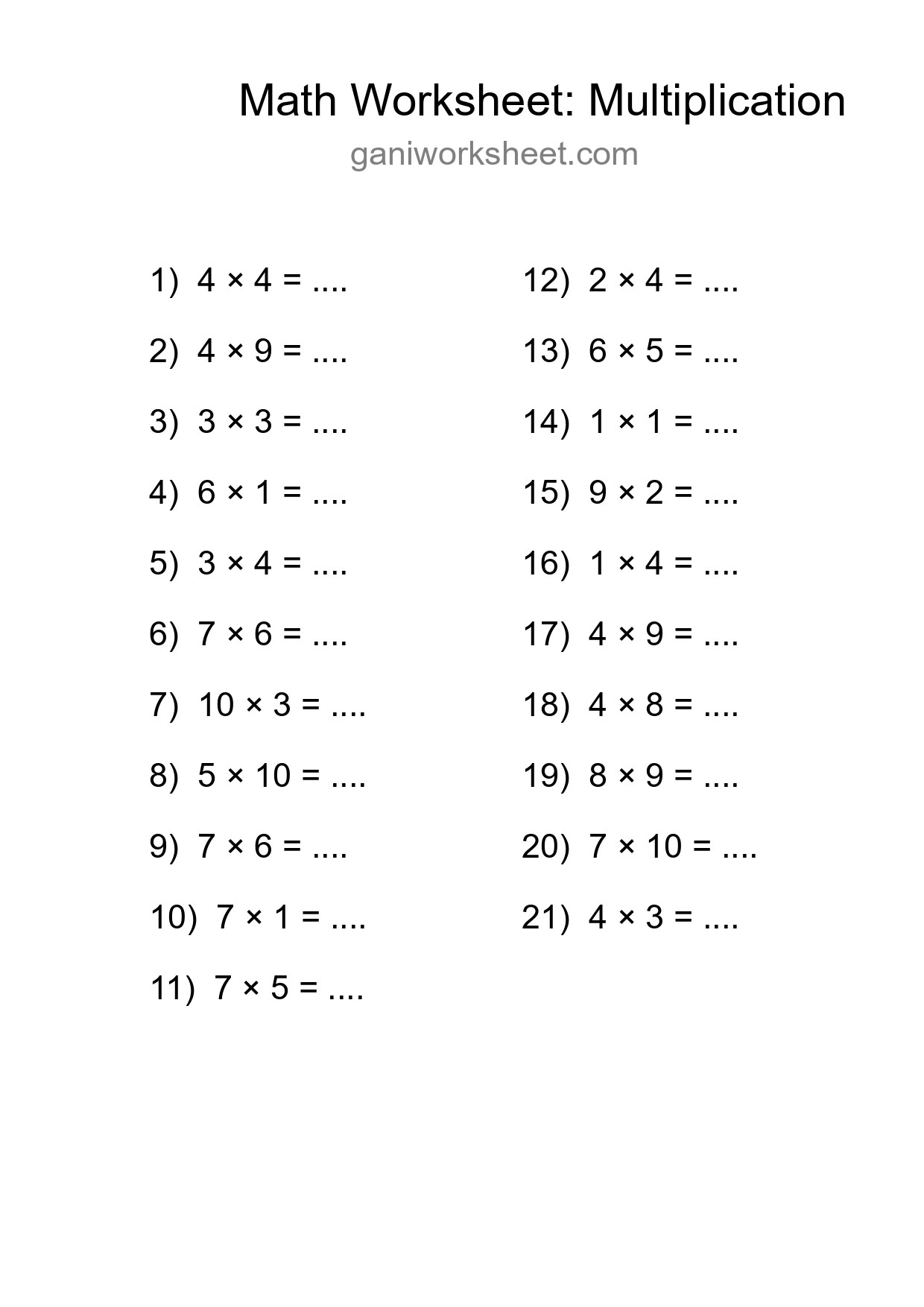 Grade 1 Multiplication Practice Worksheet (21 Problems) - Part 1807