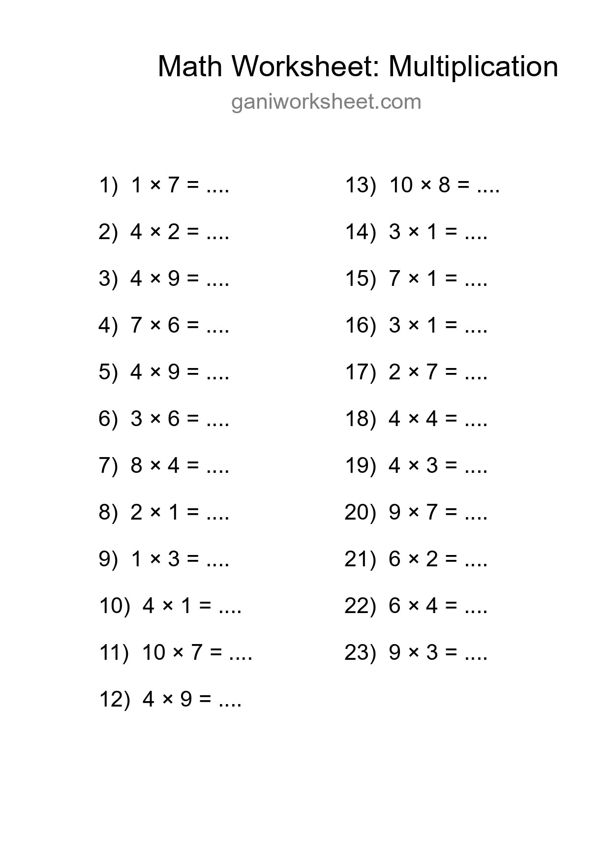 Grade 1 Multiplication Practice Worksheet (23 Problems) - Part 1507