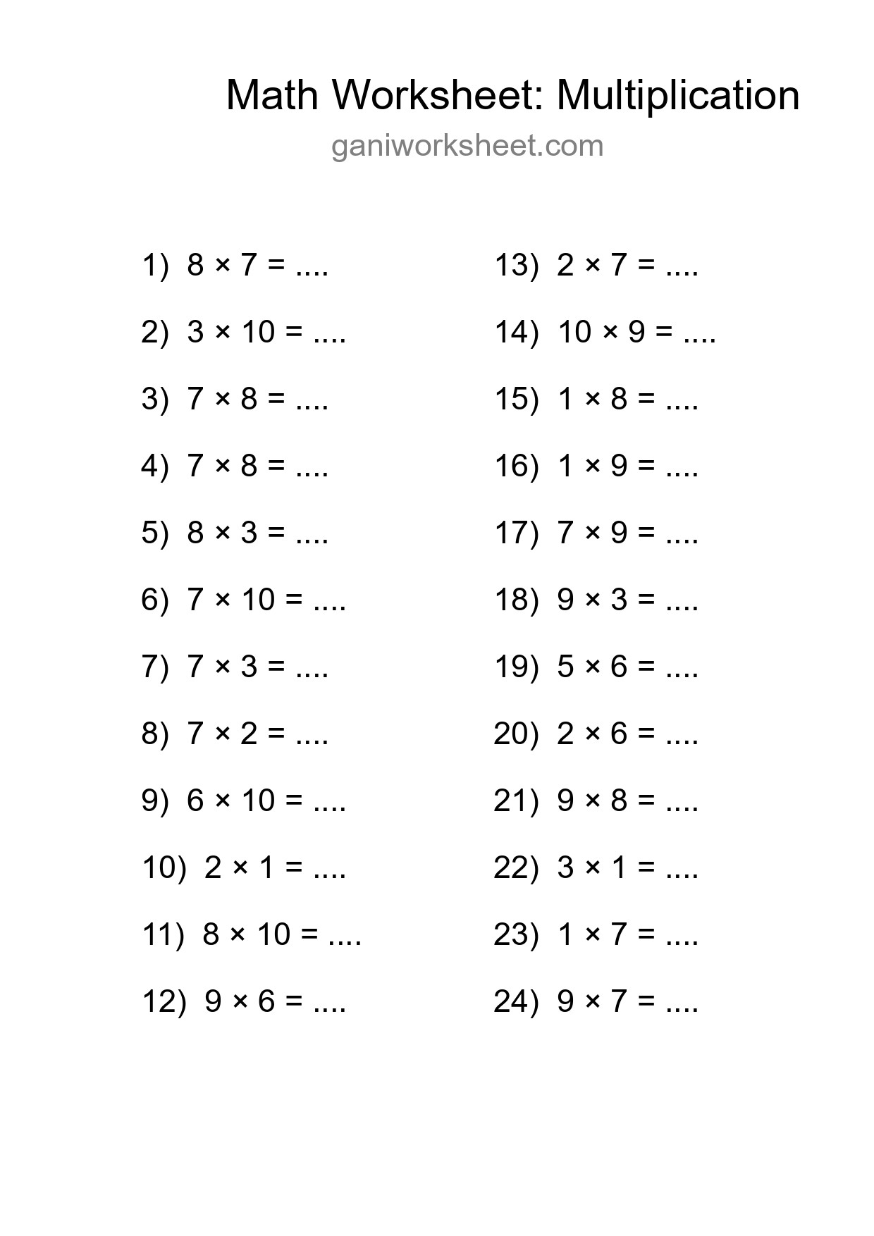 Grade 1 Multiplication Practice Worksheet (24 Problems) - Part 37