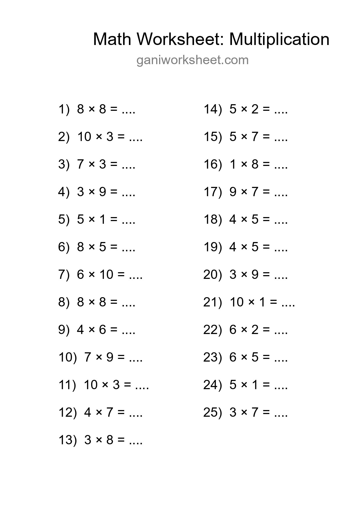 Grade 1 Multiplication Practice Worksheet (25 Problems) - Part 1047