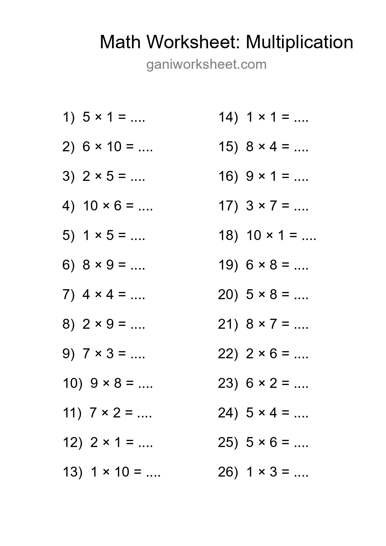 Grade 1 Multiplication Practice Worksheet (26 Problems) - Part 1777