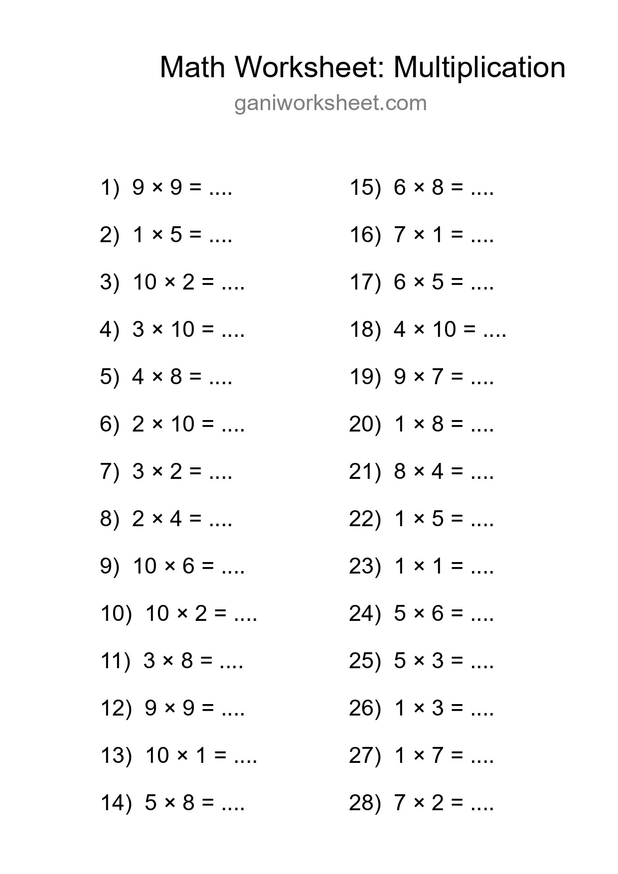 Grade 1 Multiplication Practice Worksheet (28 Problems) - Part 1837