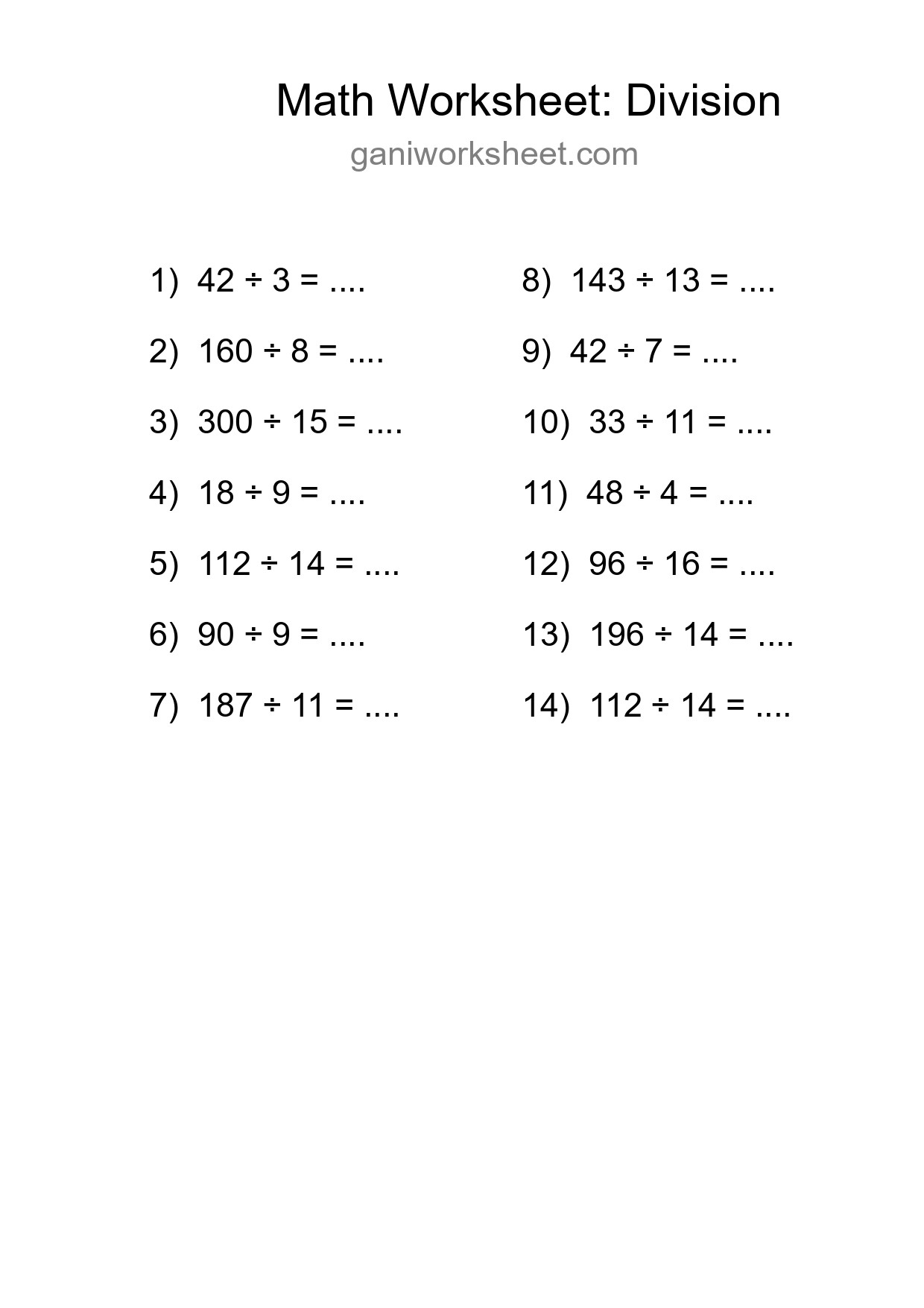 Grade 2 Division Practice Worksheet (14 Problems) - Part 1424