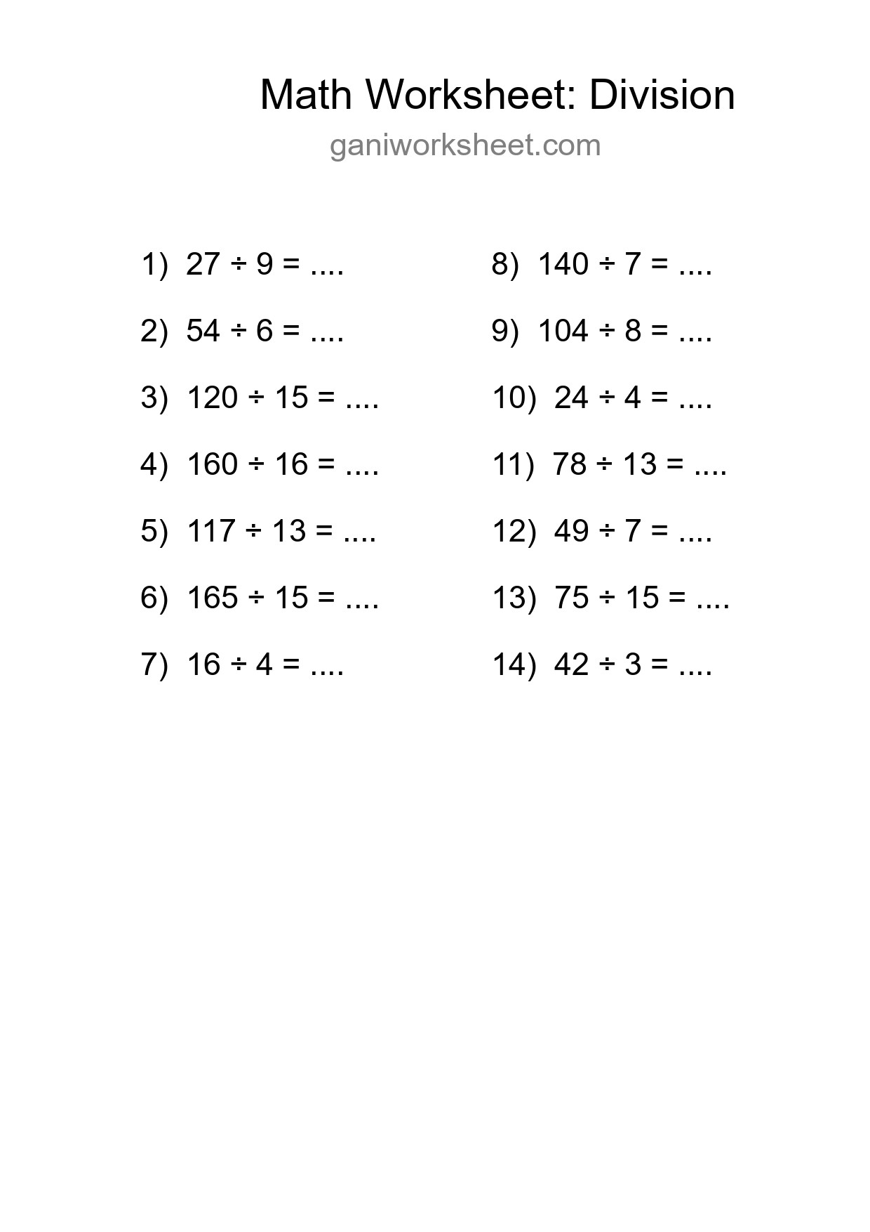 Grade 2 Division Practice Worksheet (14 Problems) - Part 224