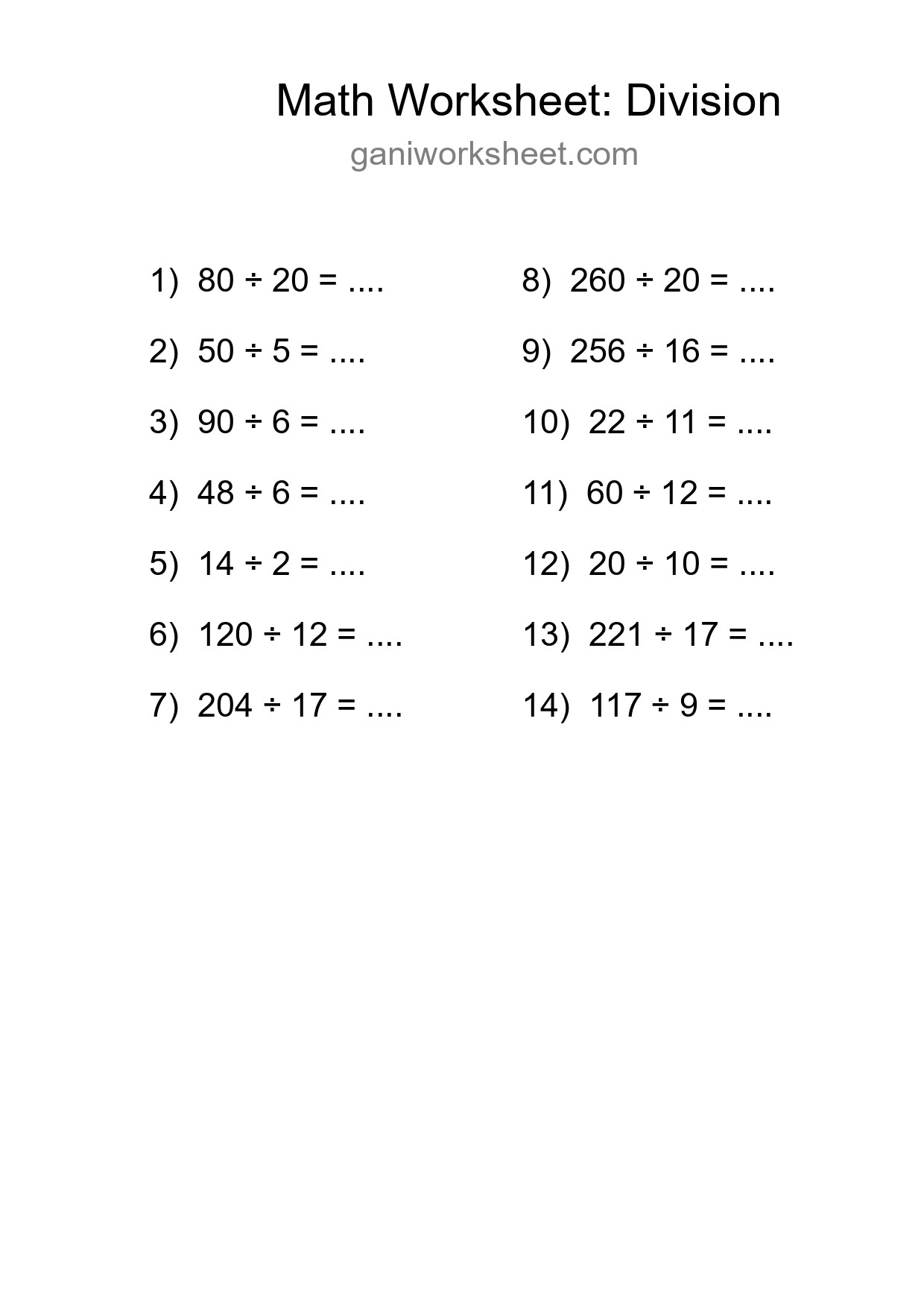 Grade 2 Division Practice Worksheet (14 Problems) - Part 864