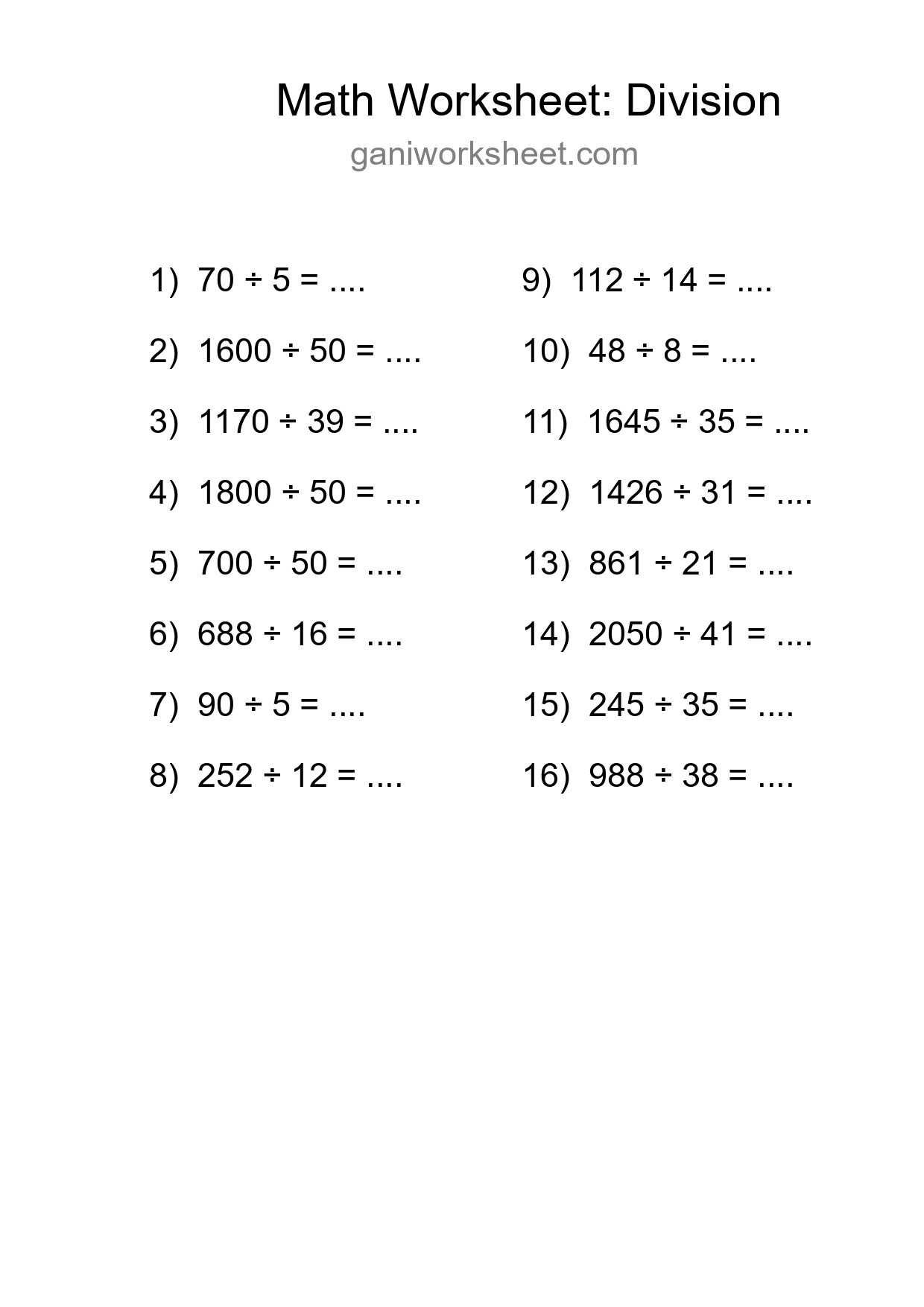 Grade 2 Division Practice Worksheet (16 Problems) - Part 1074