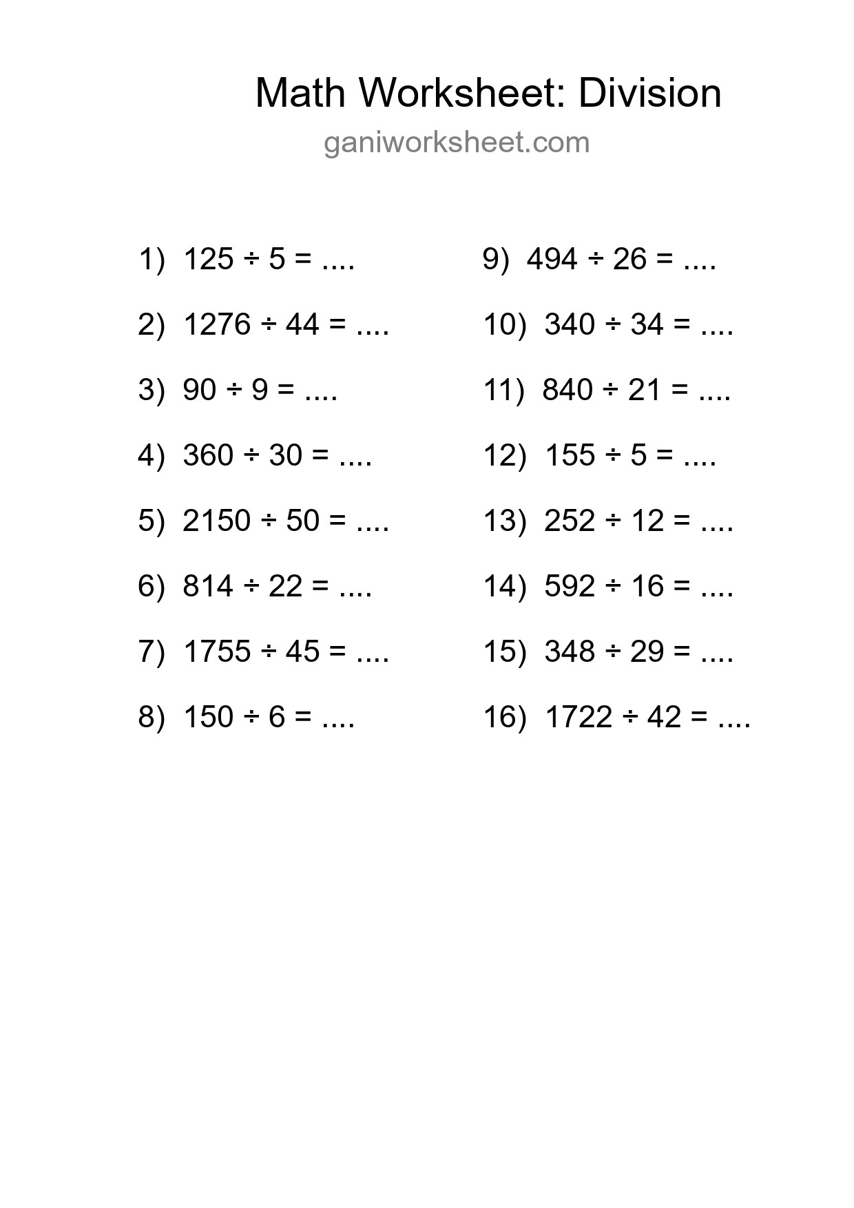 Grade 2 Division Practice Worksheet (16 Problems) - Part 794