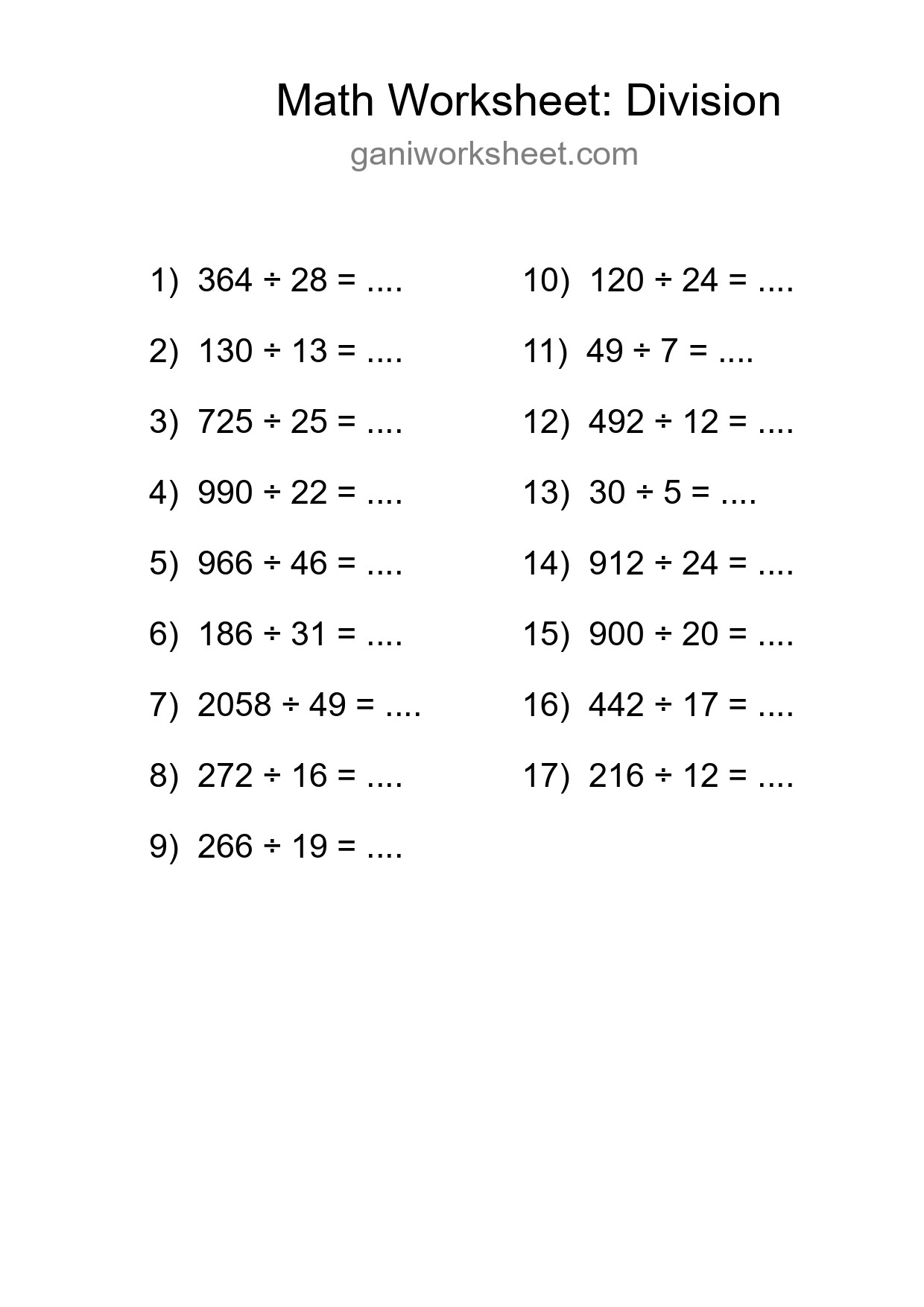 Grade 2 Division Practice Worksheet (17 Problems) - Part 944