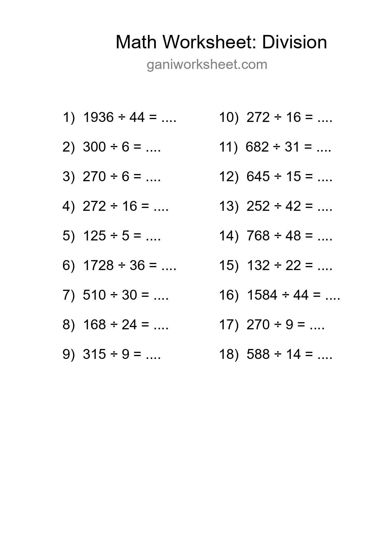 Grade 2 Division Practice Worksheet (18 Problems) - Part 84