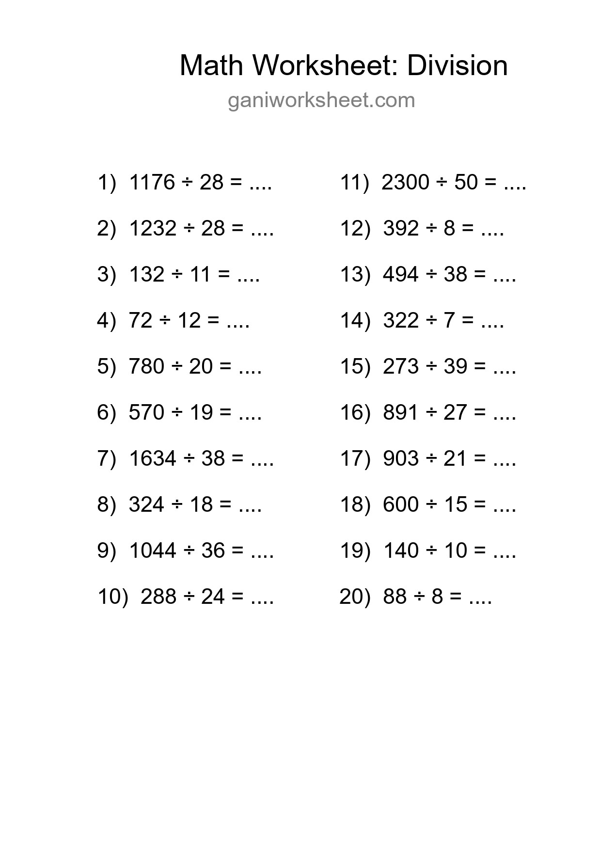 Grade 2 Division Practice Worksheet (20 Problems) - Part 114