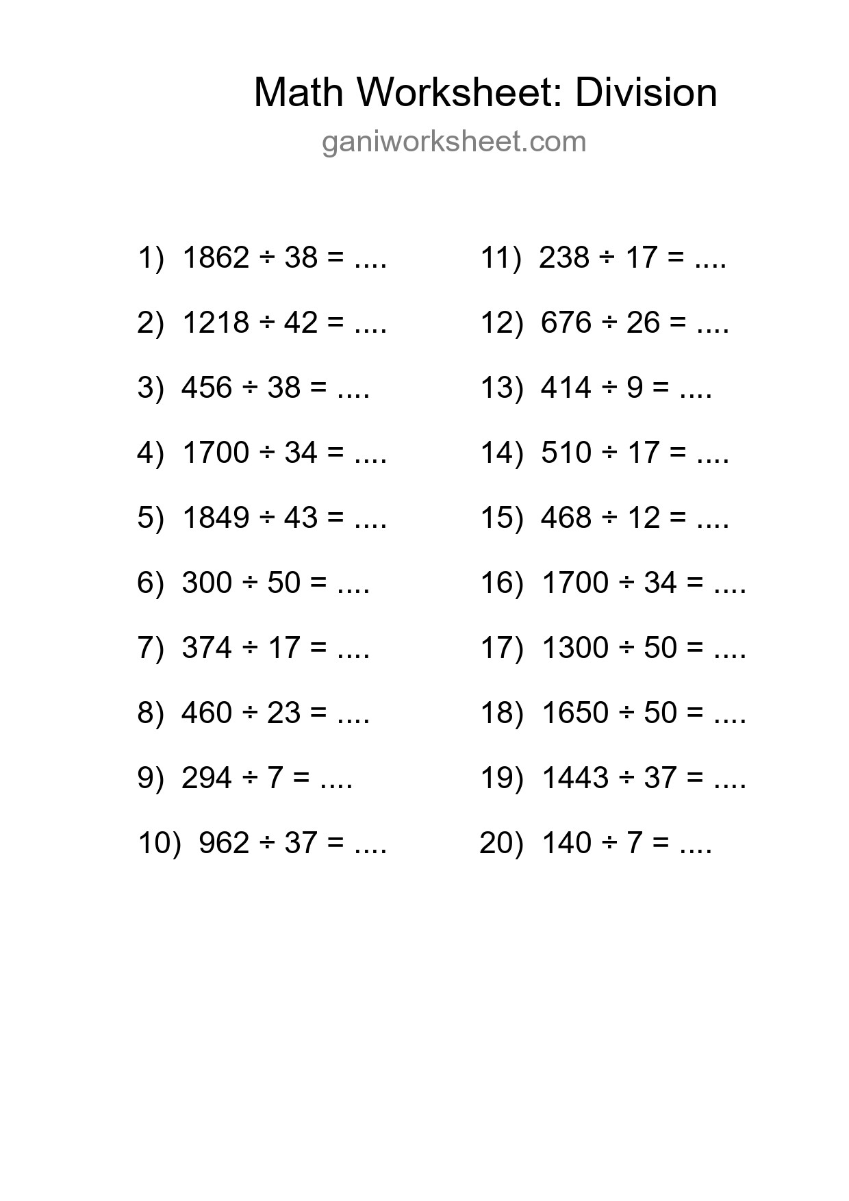 Grade 2 Division Practice Worksheet (20 Problems) - Part 554