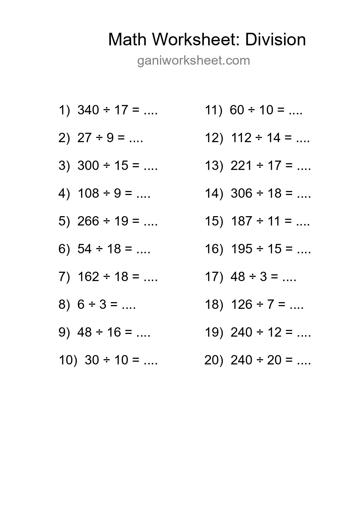 Grade 2 Division Practice Worksheet (20 Problems) - Part 934