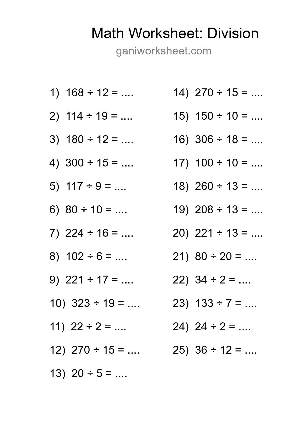 Grade 2 Division Practice Worksheet (25 Problems) - Part 1704