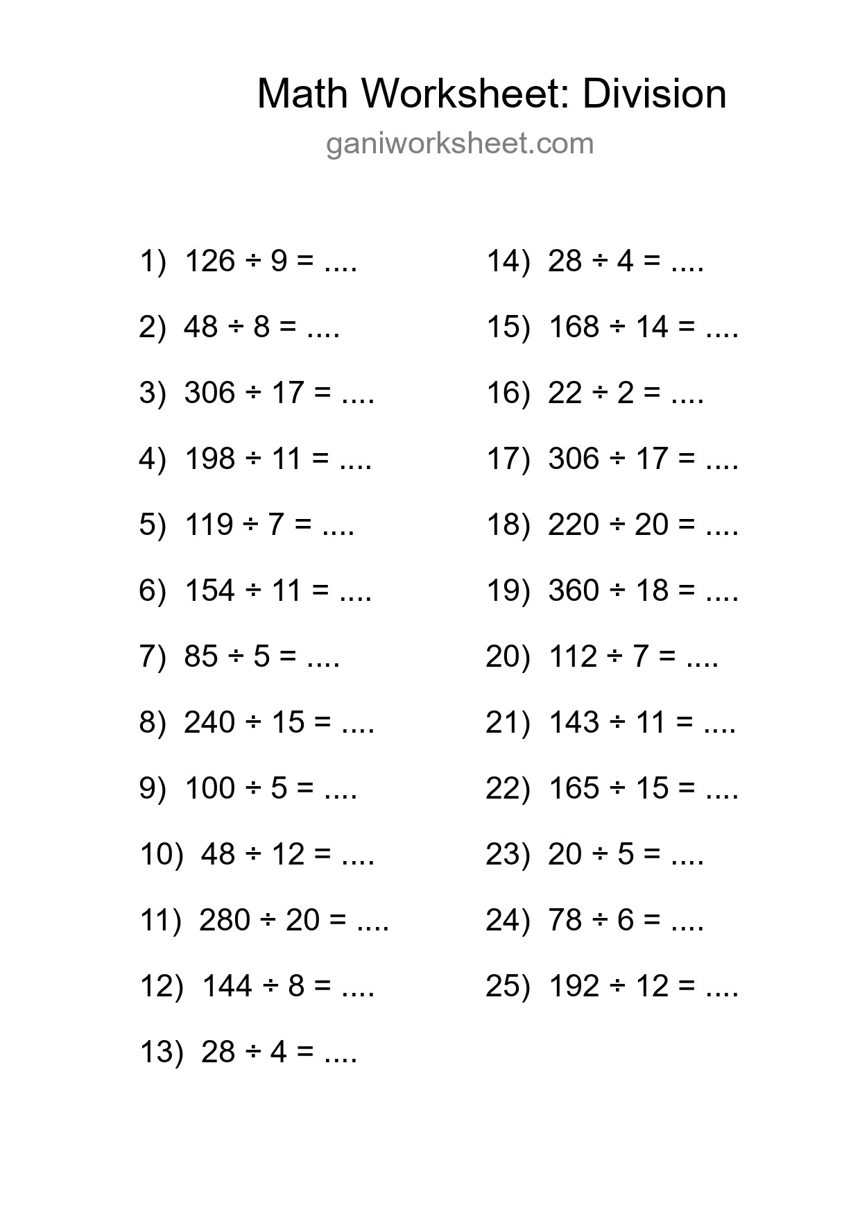 Grade 2 Division Practice Worksheet (25 Problems) - Part 34