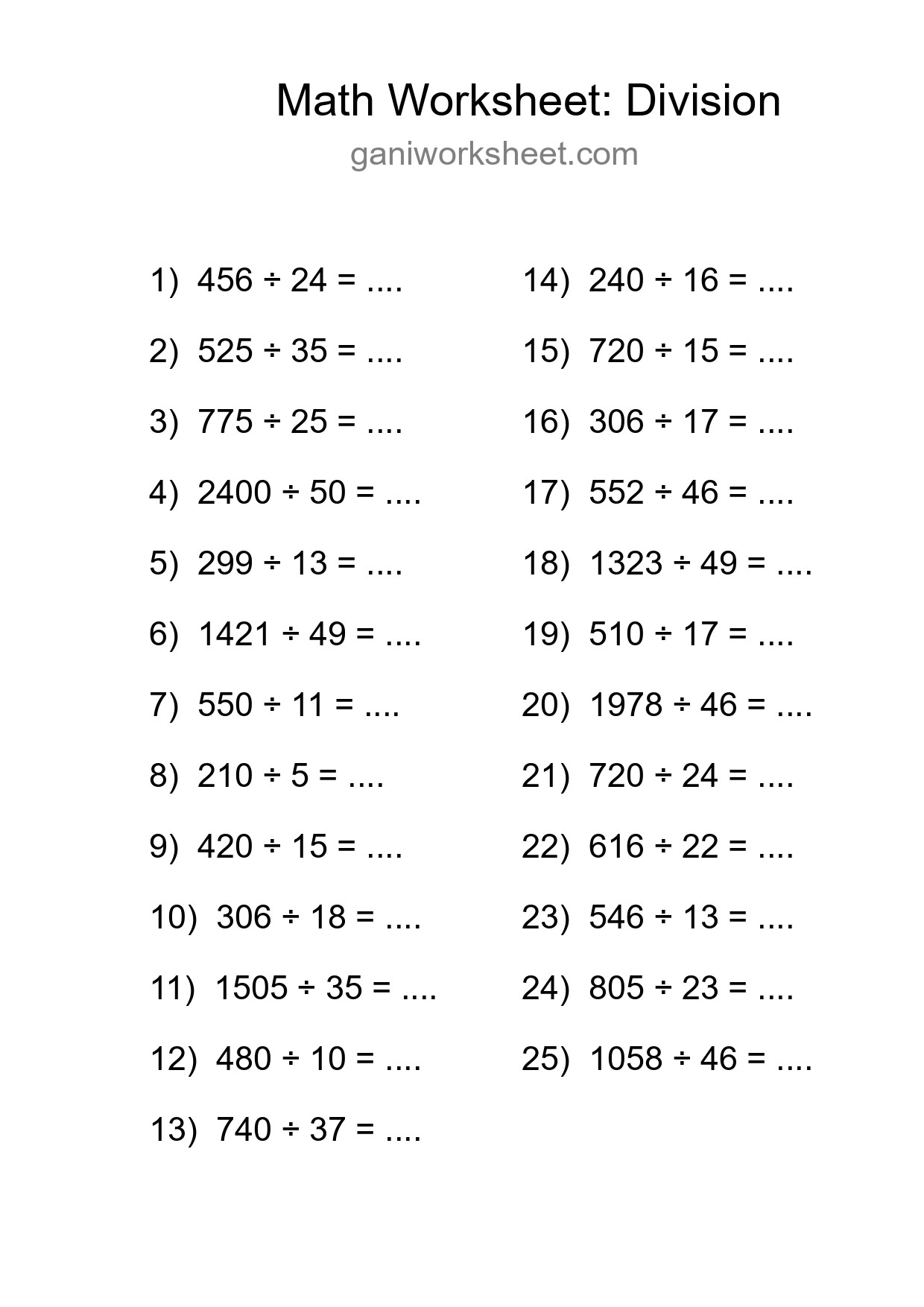 Grade 2 Division Practice Worksheet (25 Problems) - Part 424