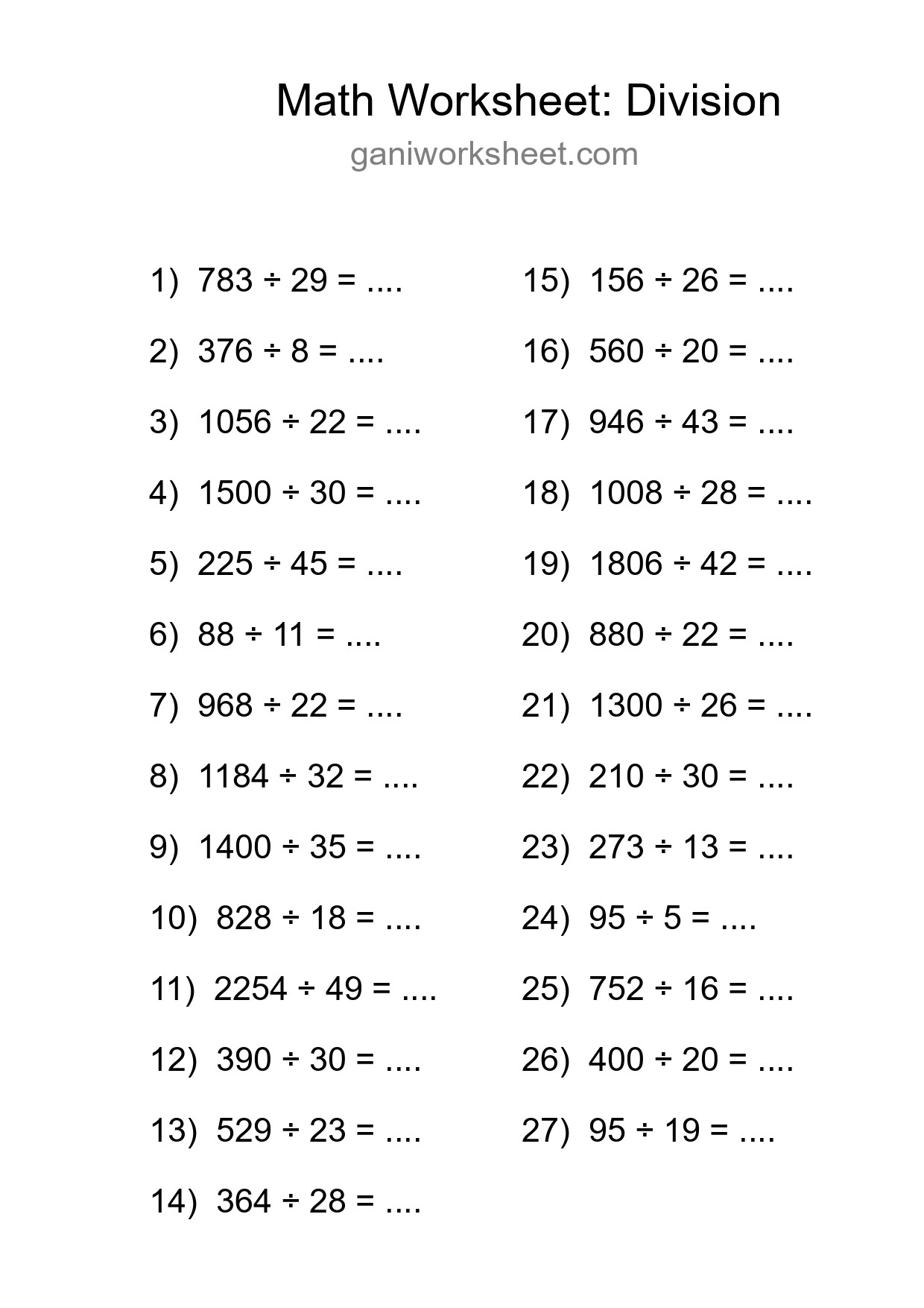 Grade 2 Division Practice Worksheet (27 Problems) - Part 1454