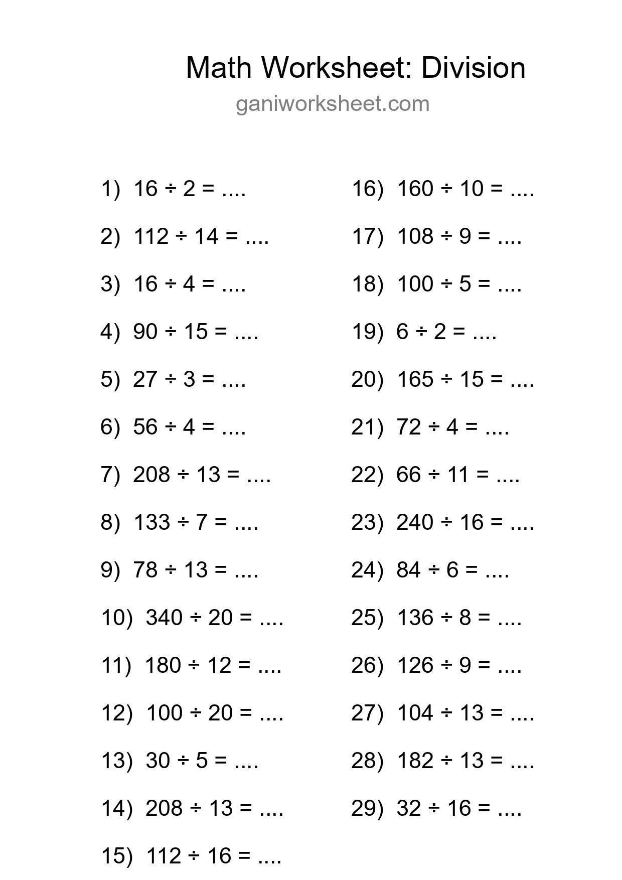 Grade 2 Division Practice Worksheet (29 Problems) - Part 1024