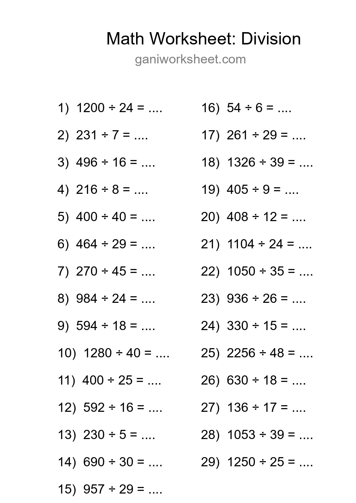 Grade 2 Division Practice Worksheet (29 Problems) - Part 1234