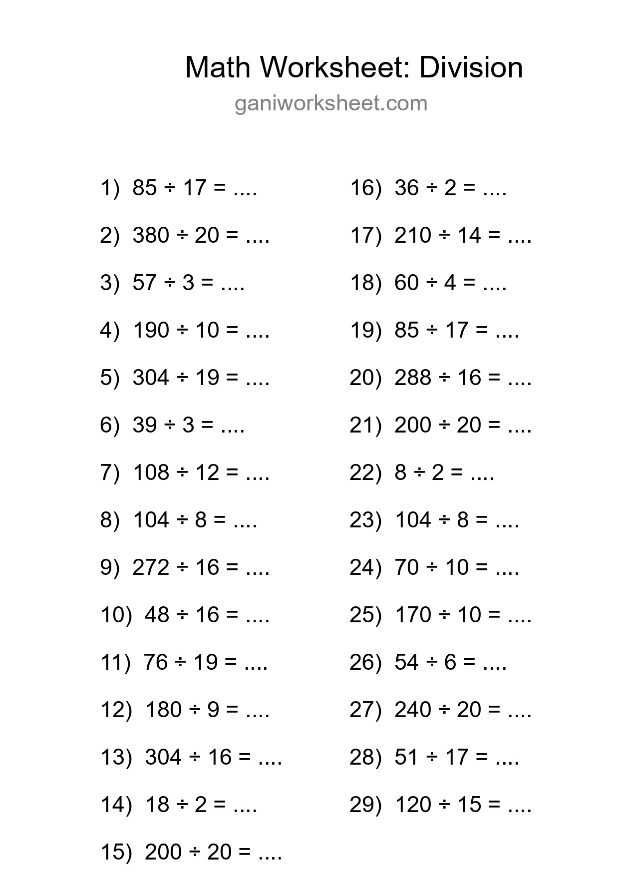 Grade 2 Division Practice Worksheet (29 Problems) - Part 1884