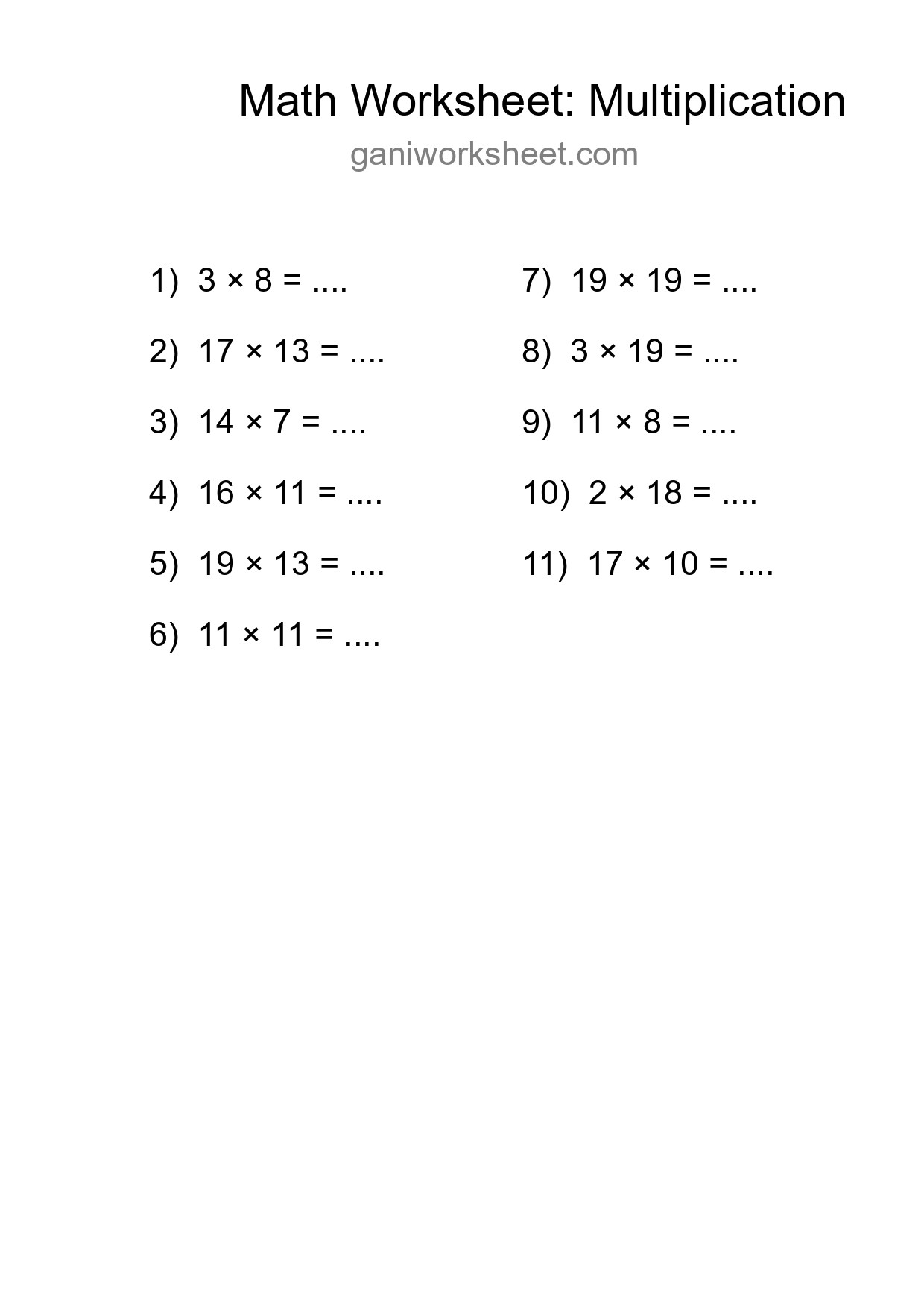 Grade 2 Multiplication Practice Worksheet (11 Problems) - Part 207