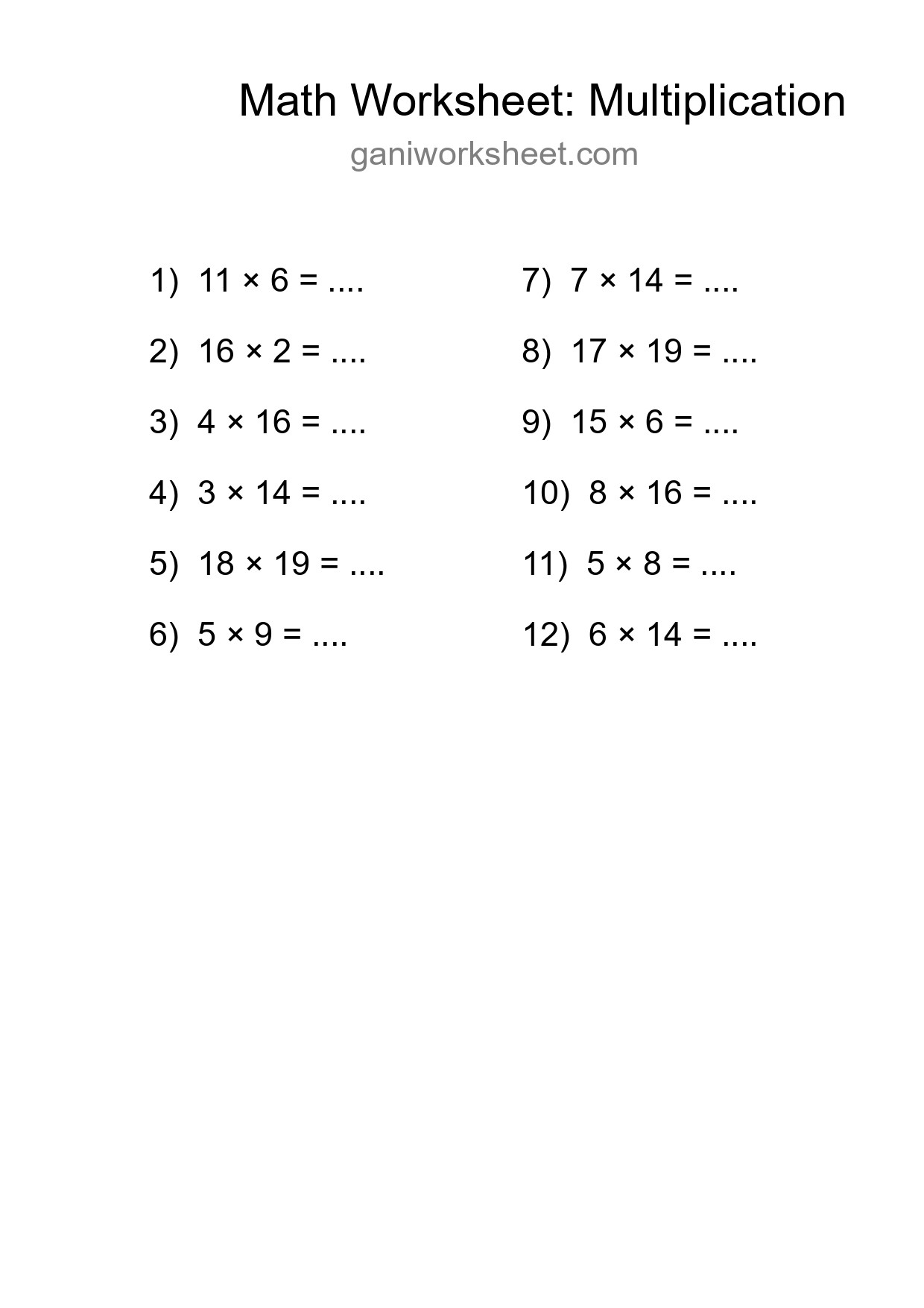 Grade 2 Multiplication Practice Worksheet (12 Problems) - Part 177