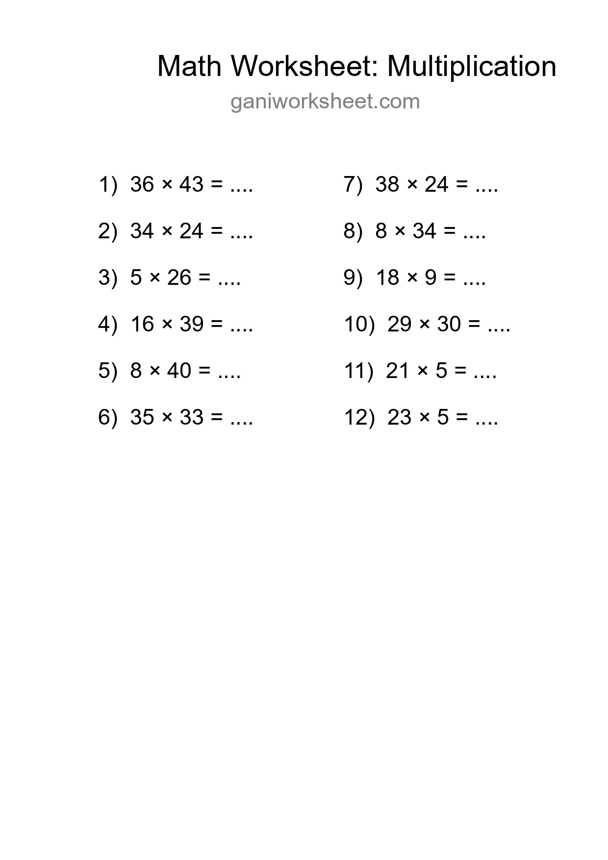 Grade 2 Multiplication Practice Worksheet (12 Problems) - Part 427