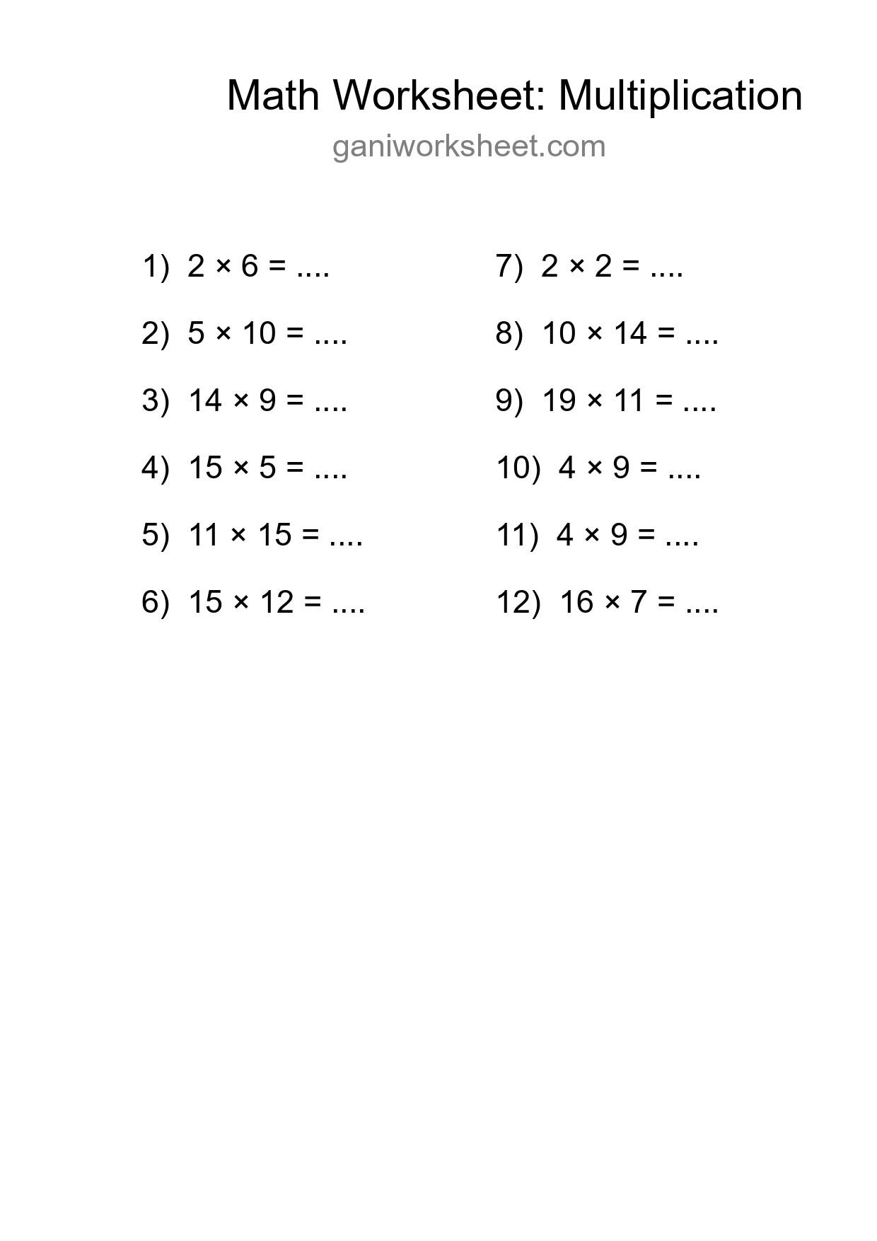 Grade 2 Multiplication Practice Worksheet (12 Problems) - Part 987
