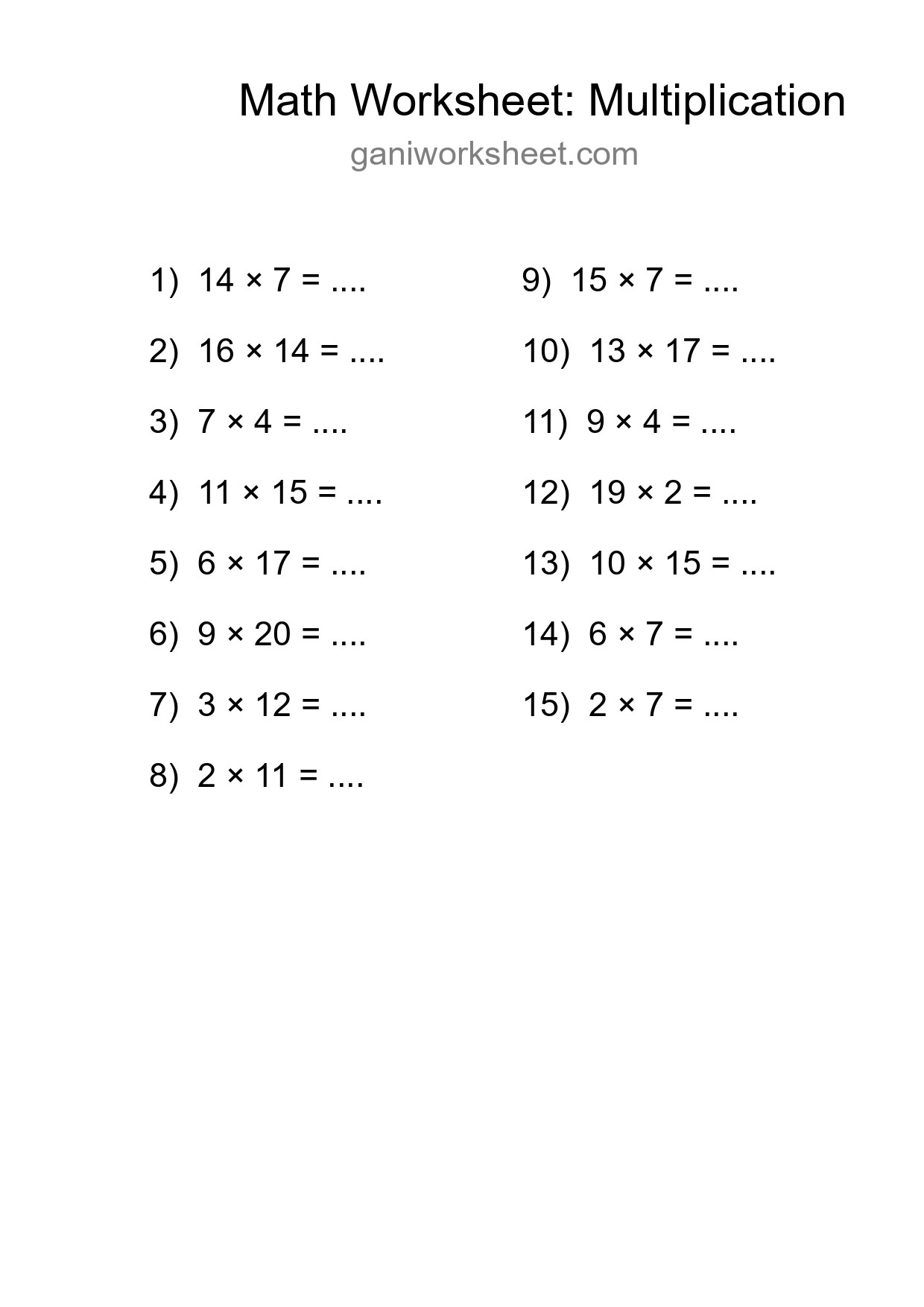 Grade 2 Multiplication Practice Worksheet (15 Problems) - Part 1237