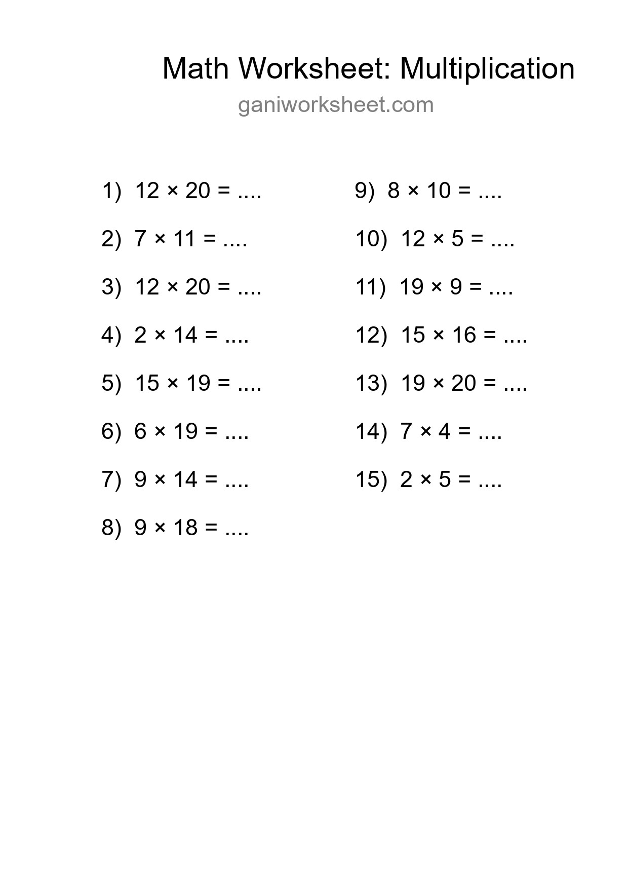 Grade 2 Multiplication Practice Worksheet (15 Problems) - Part 1367