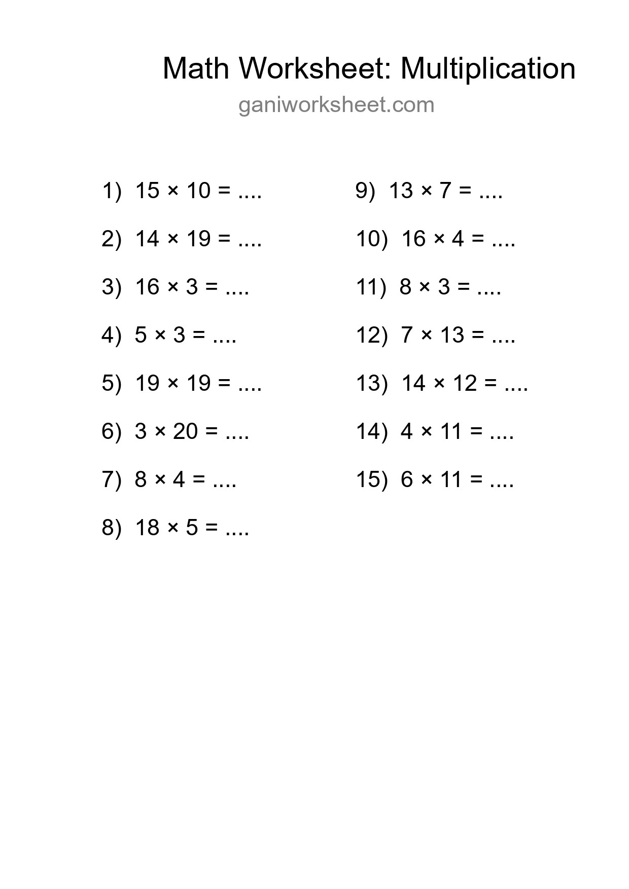 Grade 2 Multiplication Practice Worksheet (15 Problems) - Part 1977