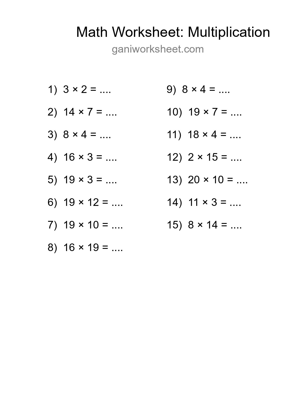 Grade 2 Multiplication Practice Worksheet (15 Problems) - Part 347