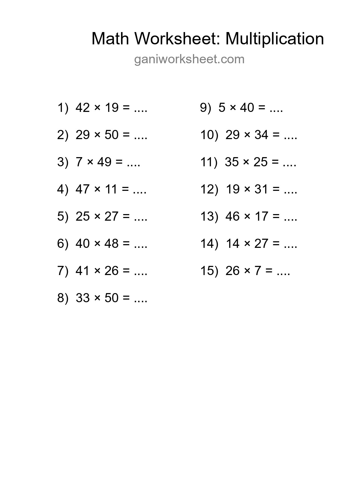 Grade 2 Multiplication Practice Worksheet (15 Problems) - Part 507